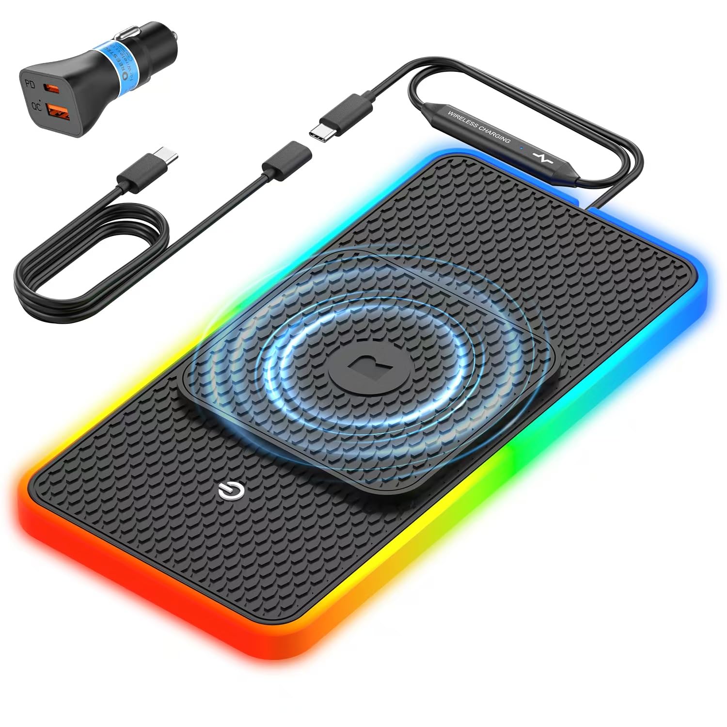 Wireless Car Charger Pad, REESTECQI 15W RGB Wireless Charger for Car Type C Non Slip Charging Pad for Car Compatible with Airpods iPhone16/15/14/13/12Samsung Google (30CM+ 70CM Extension)