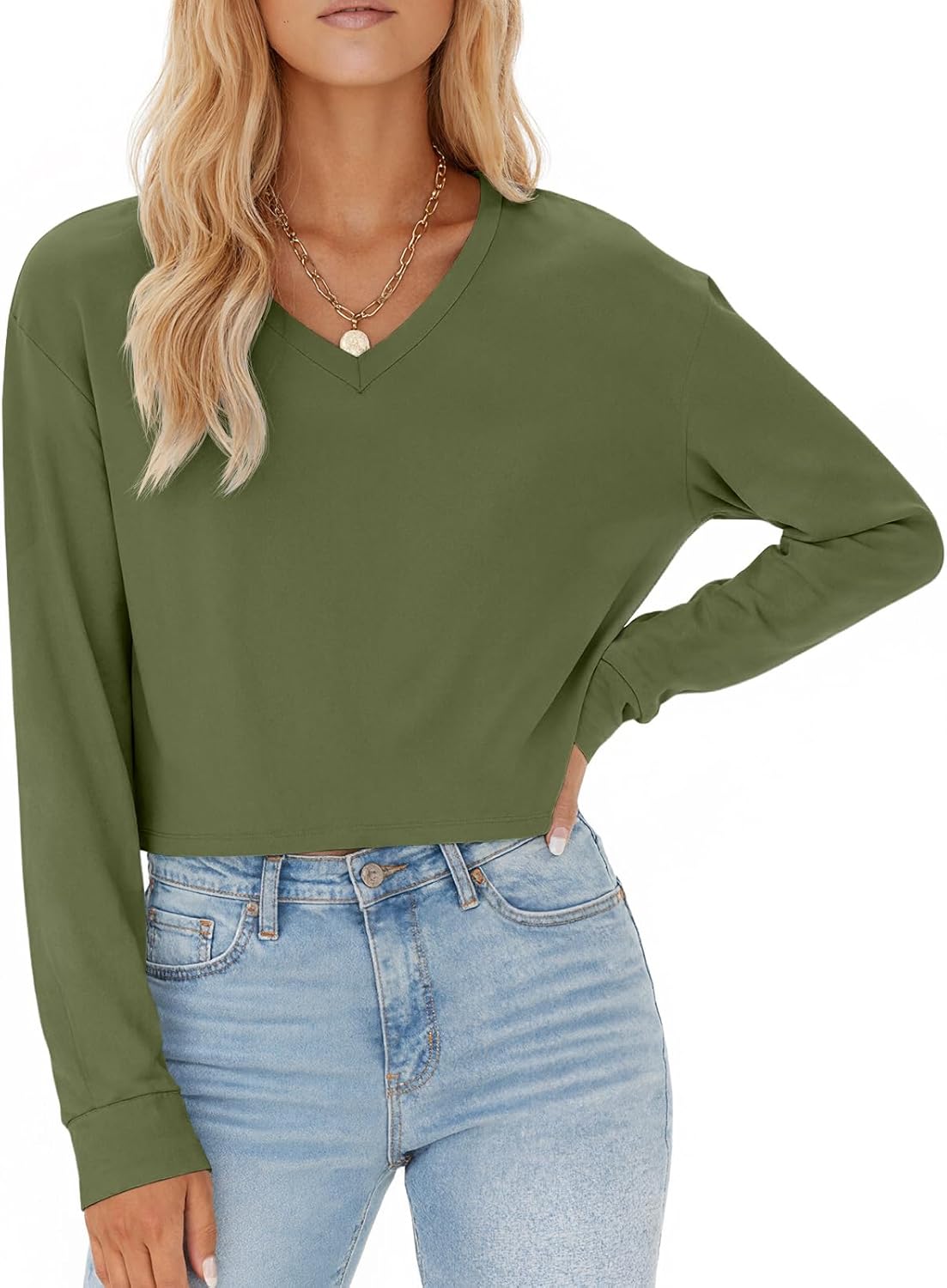 Tankaneo Womens V Neck Cropped T Shirts Casual Summer Crop Tops Half Sleeve Solid Color Crop Baisc Tees - Image 4