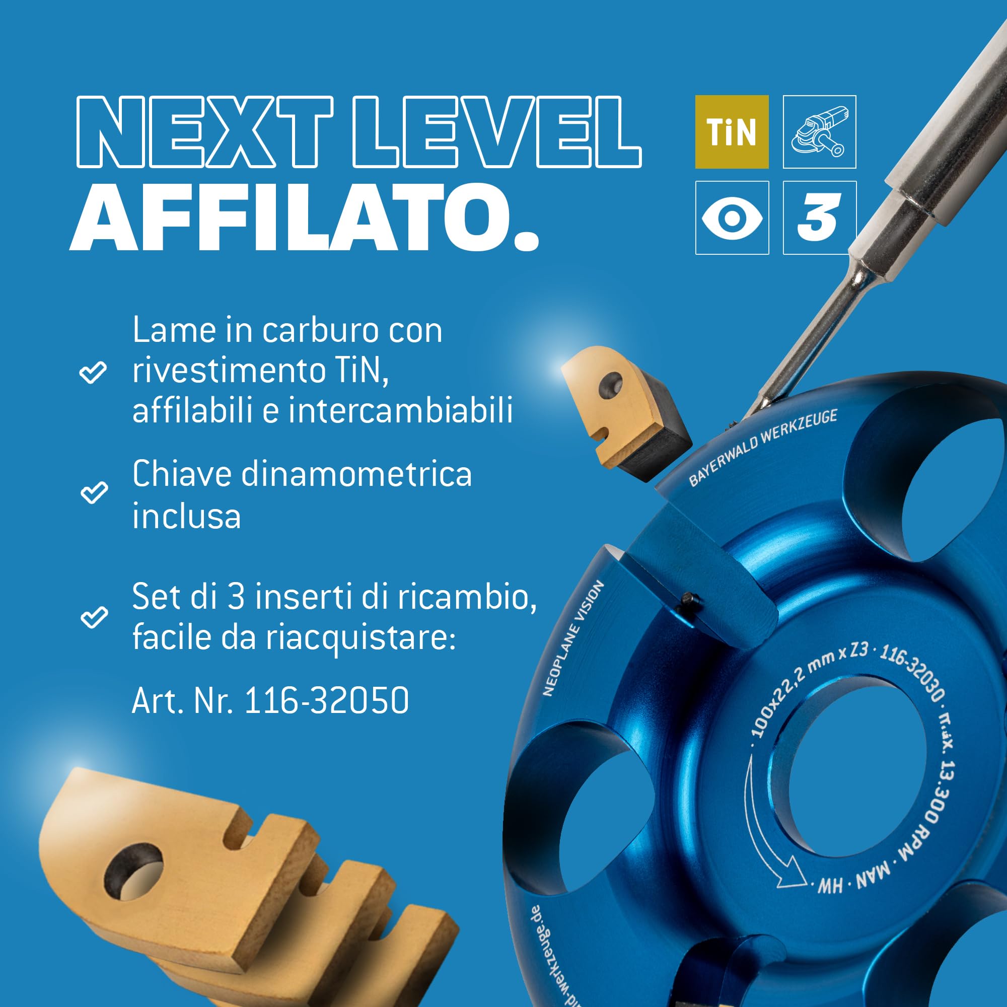 Qualità tedesca Bayerwald Tools NeoPlane – Disco per fresa per legno adatto per smerigliatrice angolare – Carving con visione libera – denti HM rivestiti TiN – lunga durata