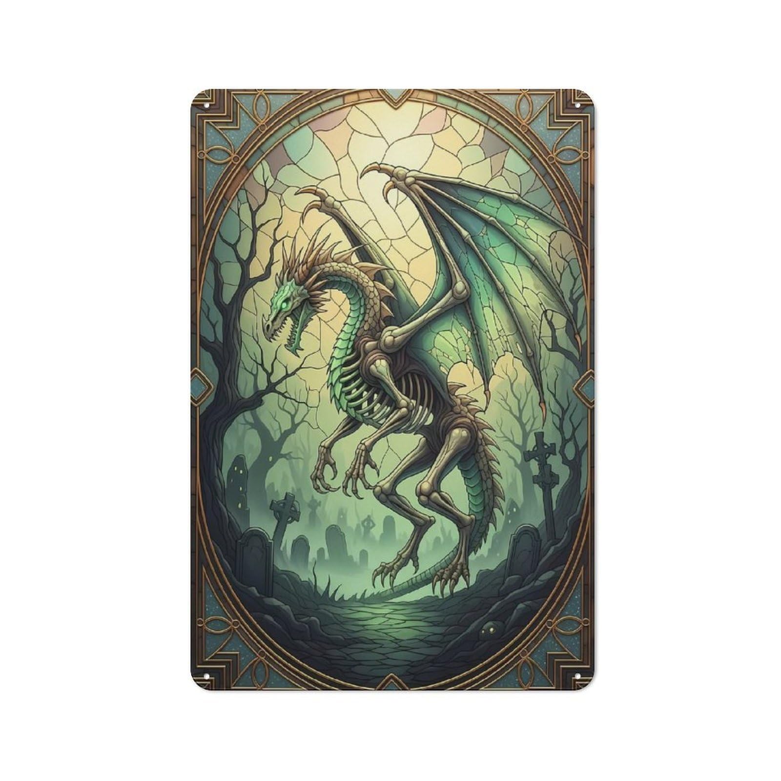 Junmoney Style-13 Skeletal Dragon In Graveyard Stained Glass Rustic Tin Wall Plaque 30X20cm For Hobby Room Or Studio, A New Home Present For Creative Interior Collectors