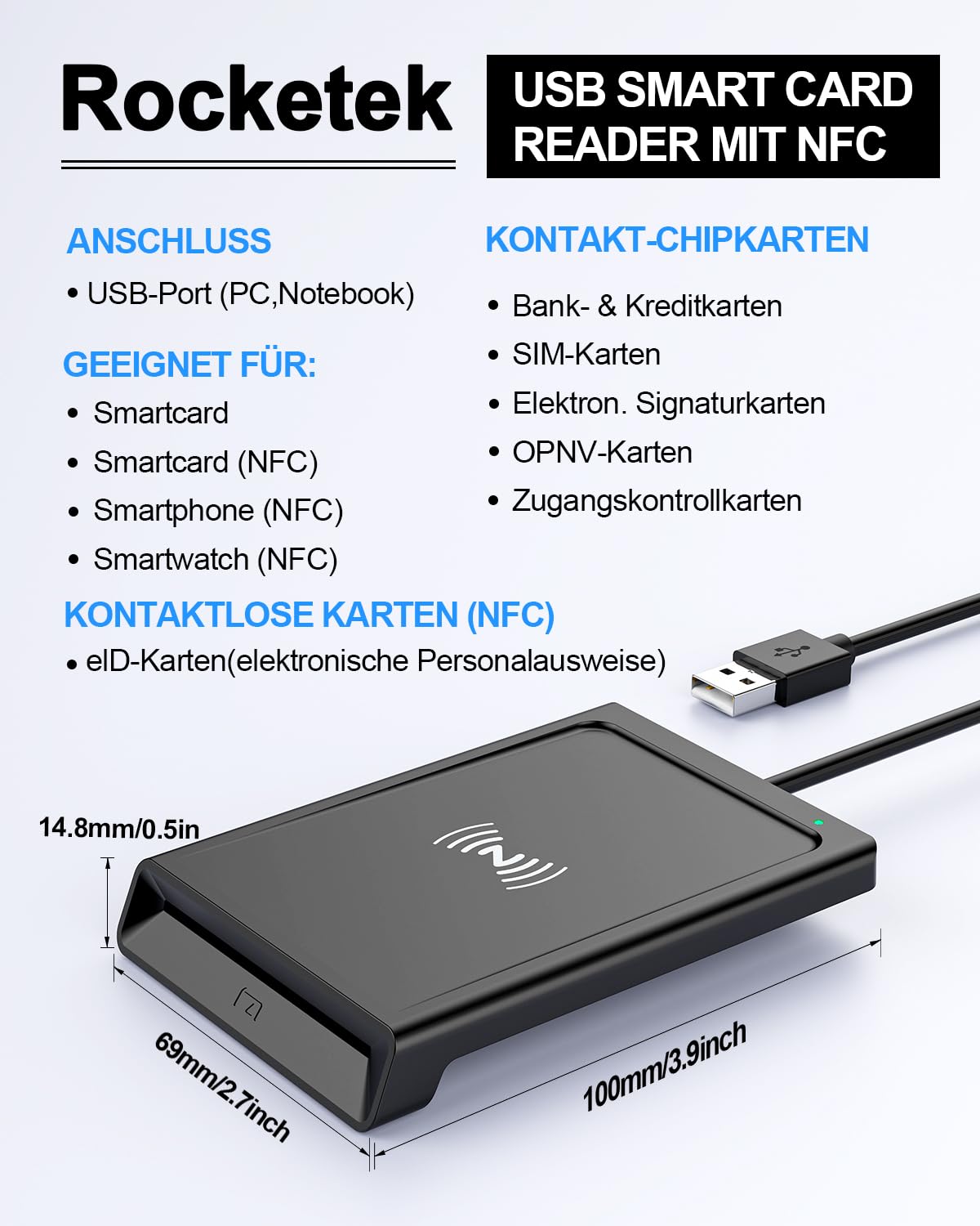 USB Chipkartenleser mit NFC,Personalausweis Lesegerät Chipkartenlesegerät Smart Card Reader NFC Lesegerät Kompatibel mit PC Windows 10 11 Linux für den neuen Personalausweis Bankkarten