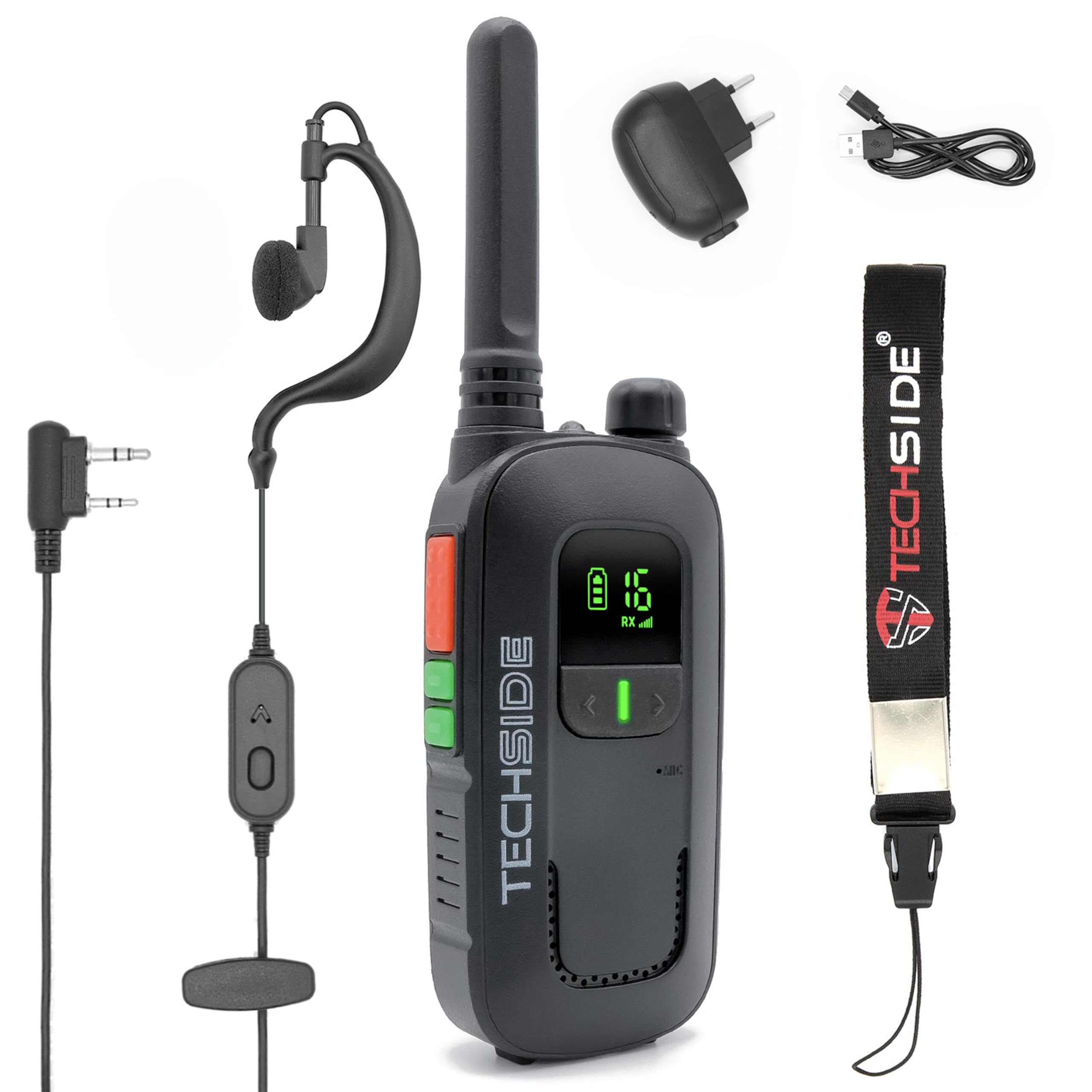 Techside TS-T2 Ricetrasmittente Professionale Walkie Talkie 16 Canali PMR446 (Libero uso) | Vox a 5 livelli | Scansione Automatica Canali | Auricolare e Caricatore USB full optional