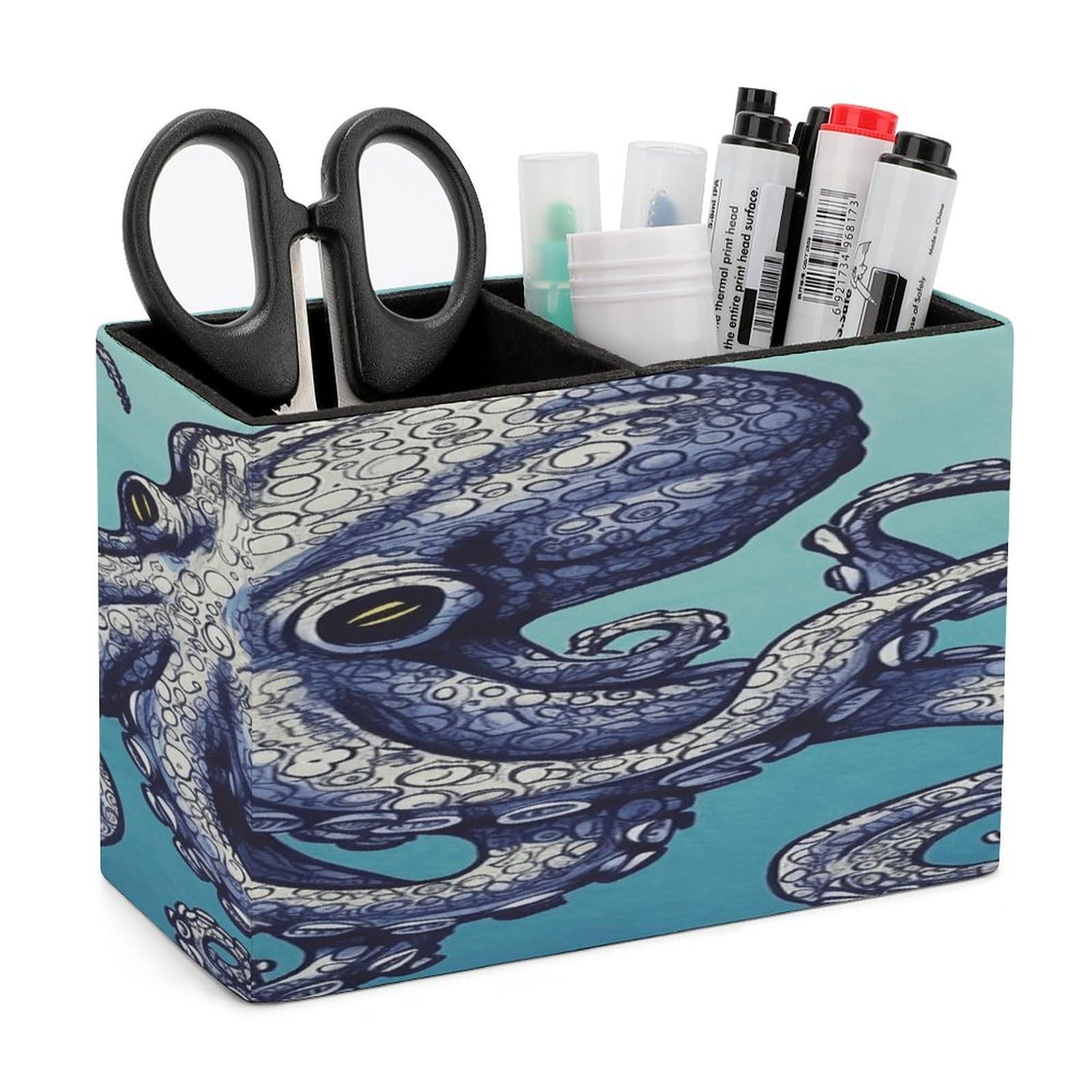 VstaDank Octopus Design Pen Holder Double Compartments Pen Cup Fashion Makeup Brush Holders Leather Pencil Holder for Work Locker Accessories Modern Pencil Cup for Desk Organizer
