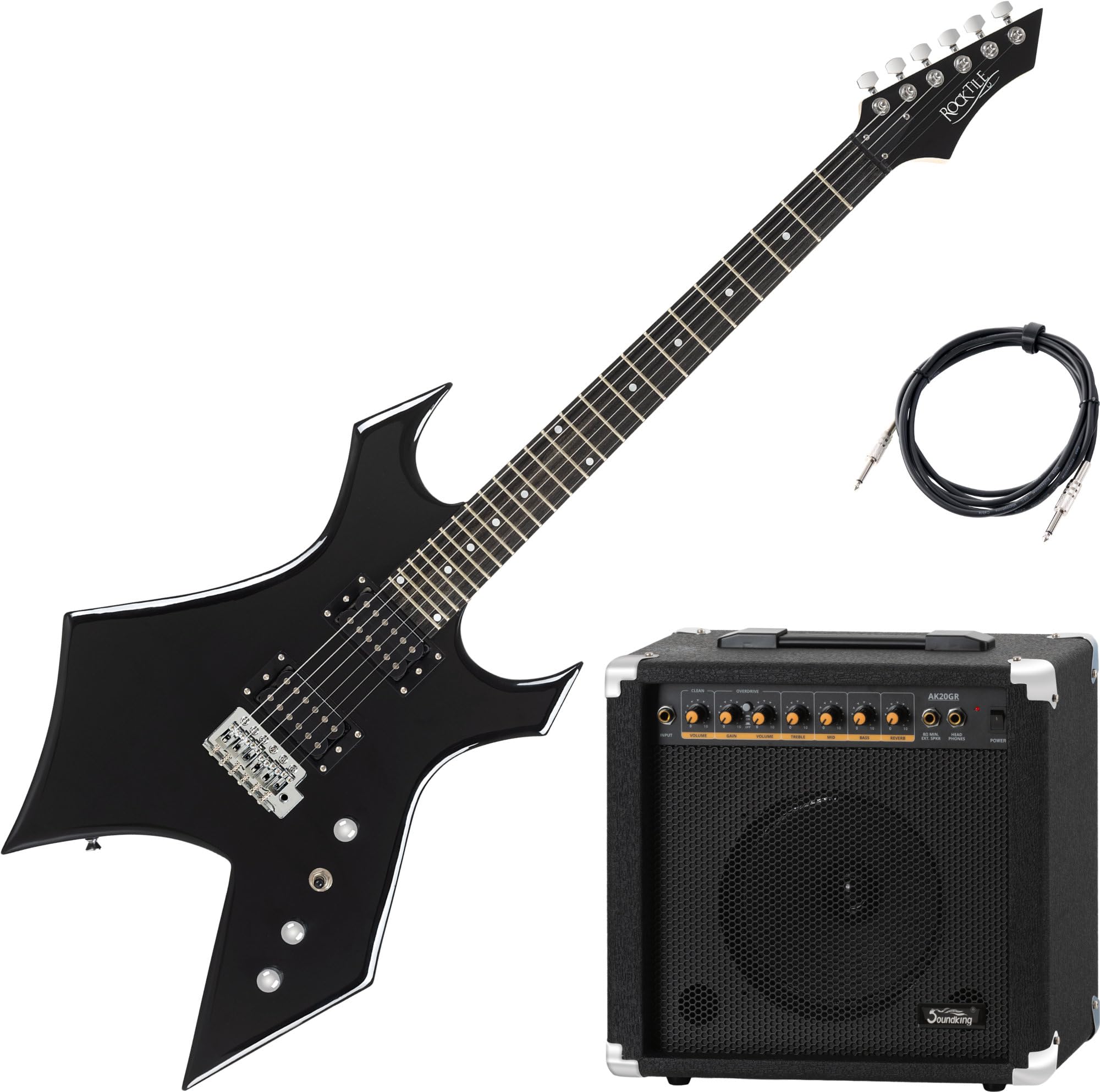 Rocktile Warhead Chitarra Elettrica Set AK20GR - Corpo in Tiglio, Tastiera in legno duro selezionato - Set incl. Combo Amplificatore 60W & Cavo Strumento 3m – Ideale per Rock, Metal & altro – Nero