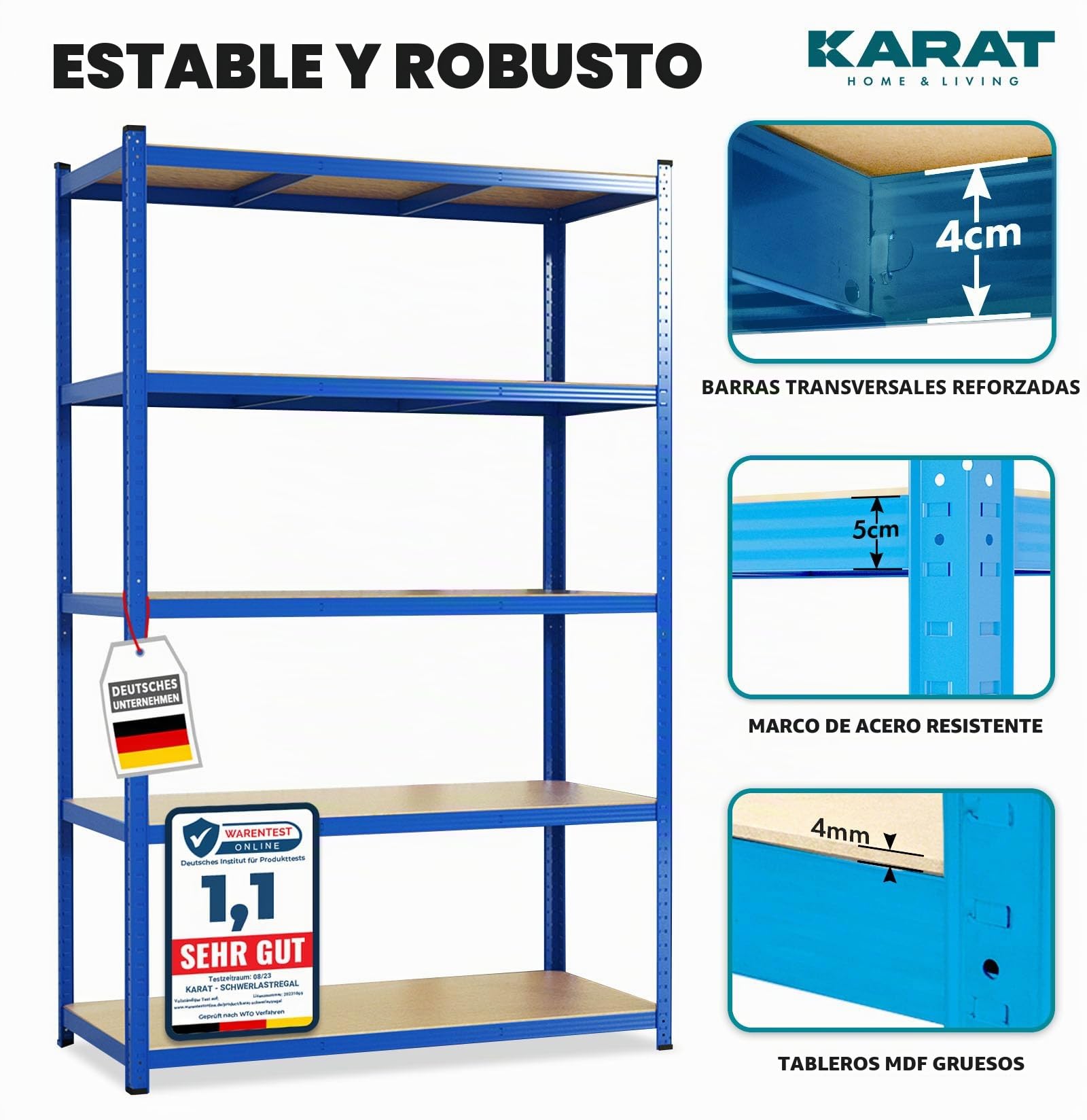 Karat Estantería para Cargas Pesadas, 180 x 90 x 60 cm, sin Tornillos, para sótano, de Metal, de Acero, 5 estantes Ajustables (Azul)