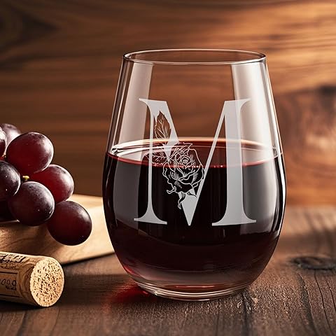 Personalized Gifts for Women Wine Glass, Initial Engraved Customized Gift Monogrammed A-Z Stemless Wine Glass 18 OZ, Christmas Anniversary Birthday Gifts for Women Mom Grandma Friend Sister Wife (M)