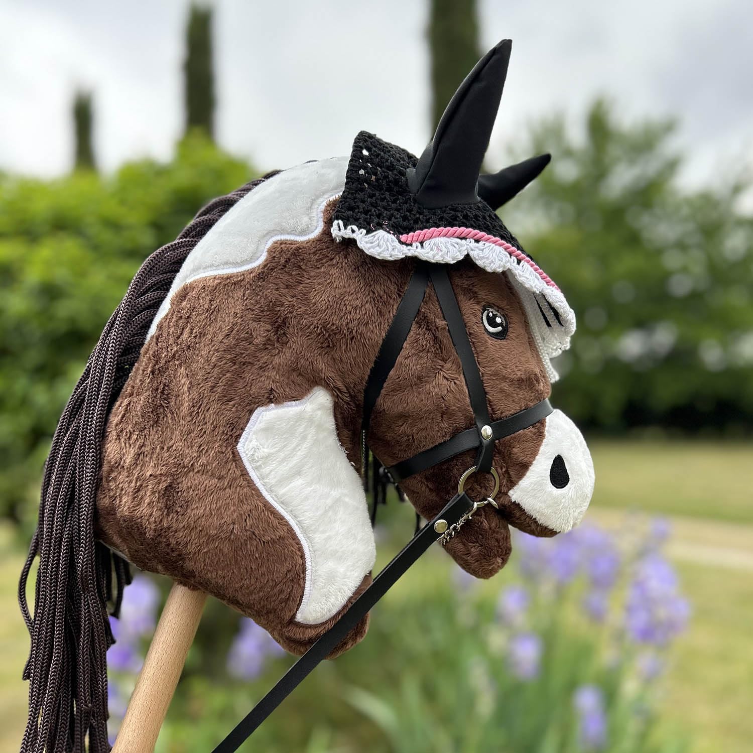 Insektenschutzmütze, Schwarz, mit Halfter, Schwarz, mit Führstrick für Hobby und Hobby Horsing, HHLLB02, Rosa