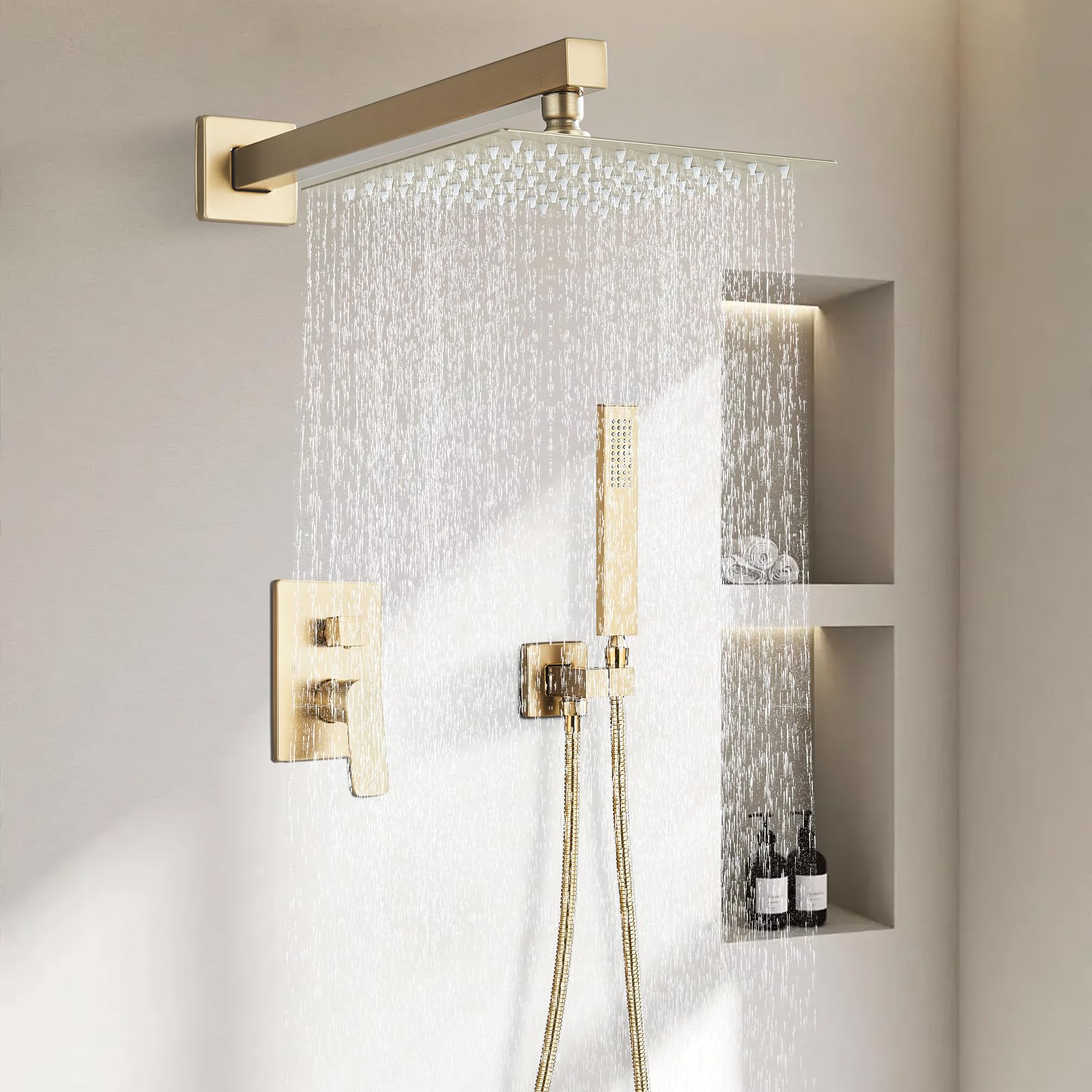 Doccia a Incasso Doccia Sistema con Valvola Montaggio a Parete Soffione Doccia a Pioggia Quadrato da 20cm,Doccetta,Rubinetto Vasca Da Bagno,Oro Spazzolato