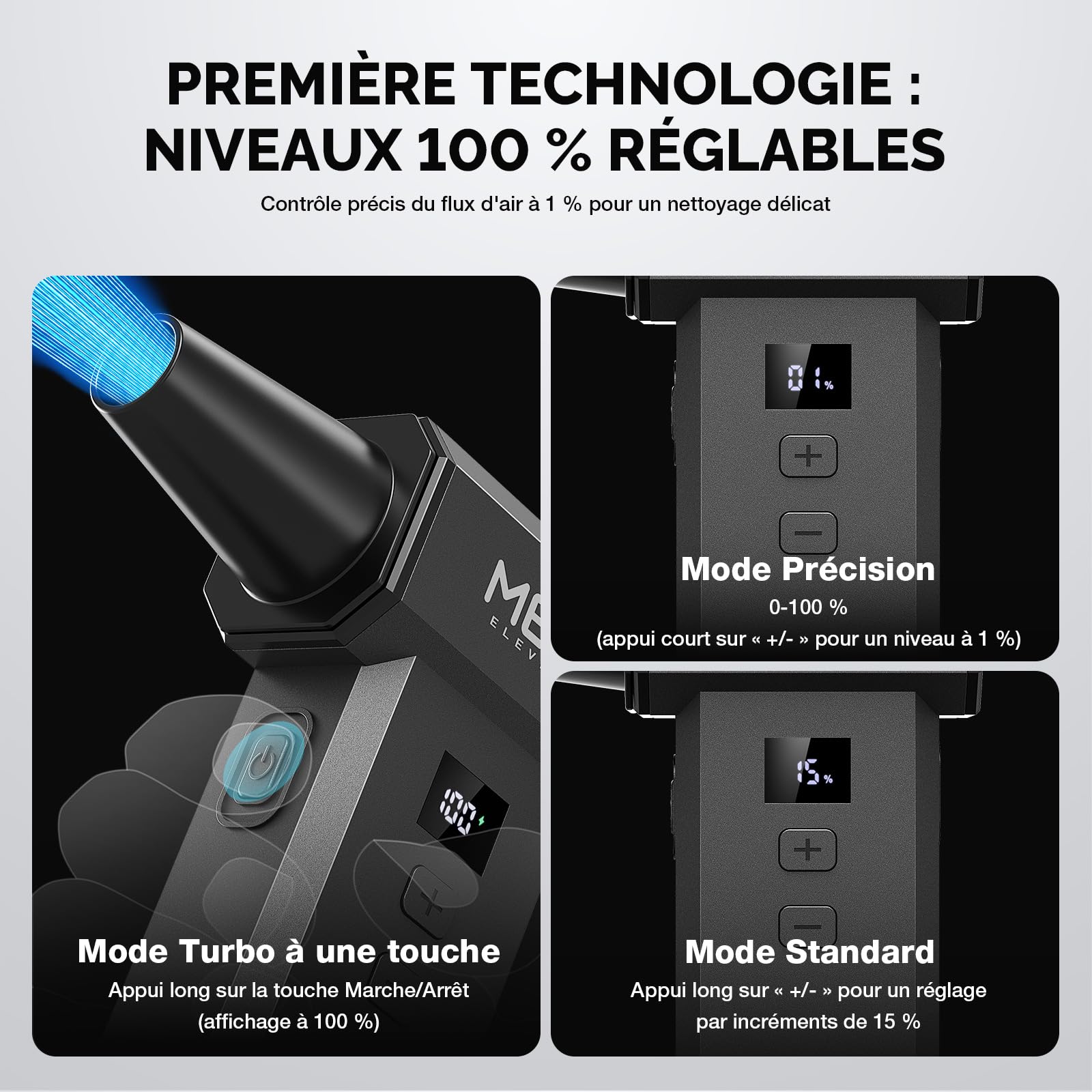 MECO ELEVERDE Souffleur Air Comprimé, 220.000 TR/Min, 100 vitesses et Affichage LED Mini Soufflette Sans fil Puissant avec Batterie 8000mAh, Bombe Air Sec pour Nettoyage PC, Voiture, Clavier, Maison