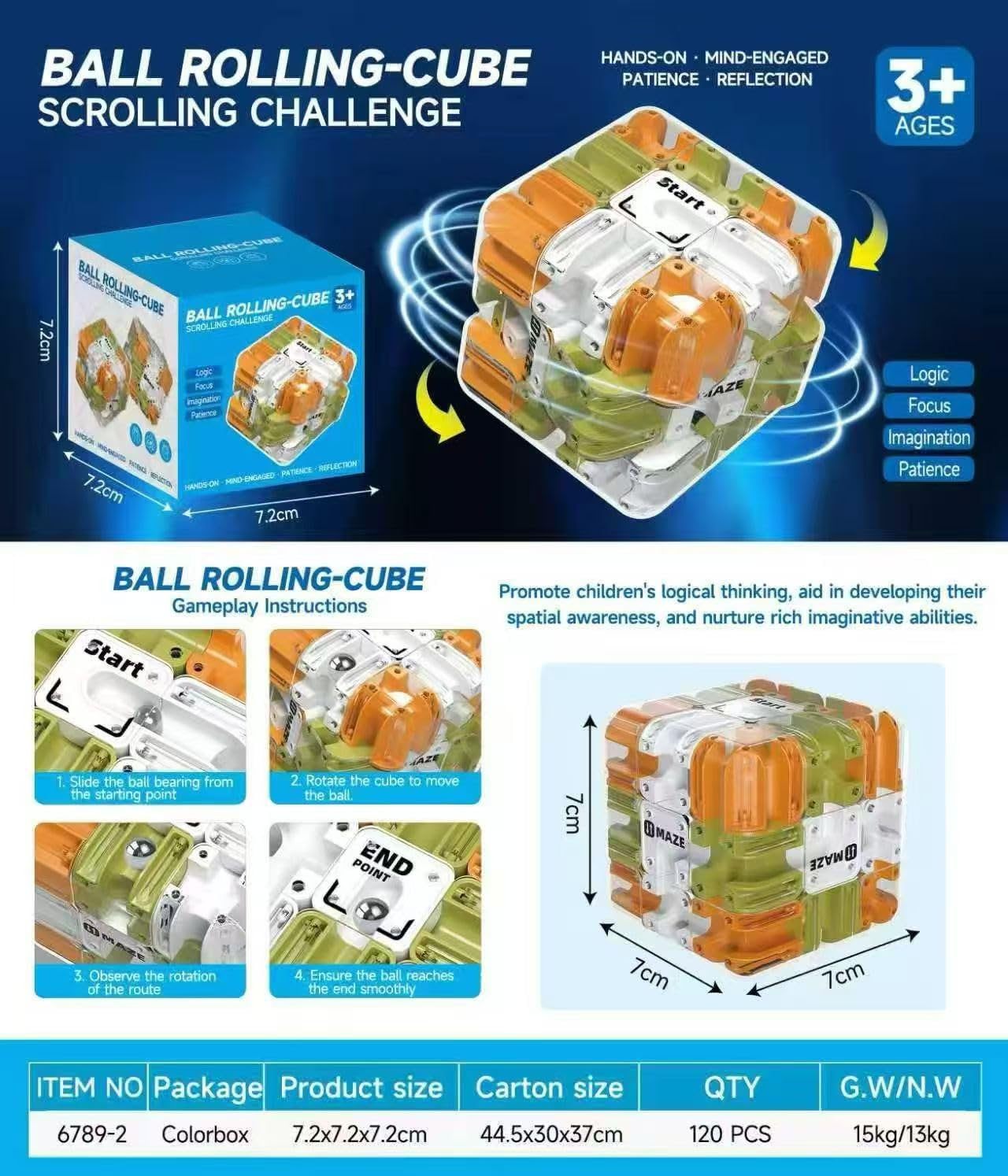 4MAZE 3D Rolling Ball Maze Puzzle Cube, Clear Transparent with Blue and Yellow Accents, Brain Teaser Challenge Game