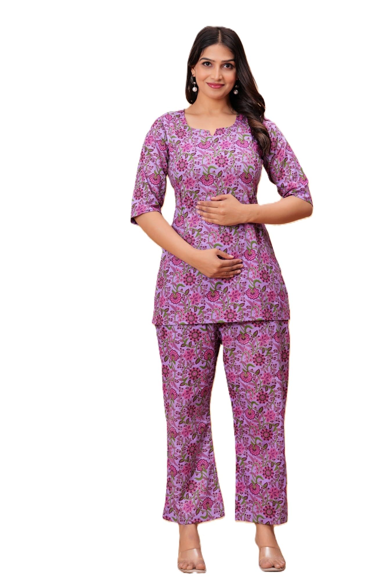 anuom Women's Cotton Printed Matetnity Kurta Pants | Feeding Pyjama Set for Women | Printed Comfortable Feeding Top Pants-picture-41