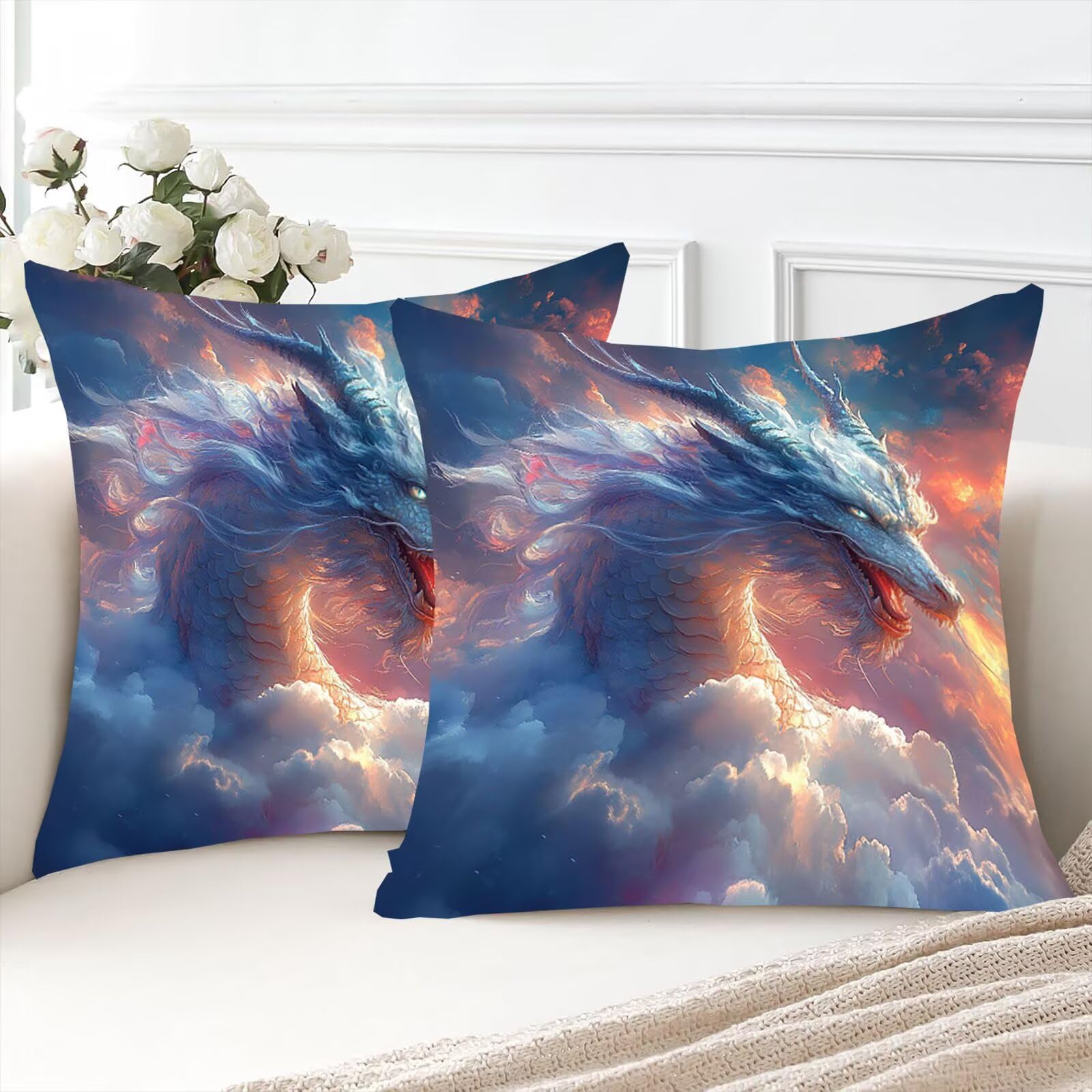 Drachen Aksamitna poszewka na poduszkę 60 x 60 cm, 2 sztuki w zestawie poszewka na poduszkę na sofę, dekoracyjne poduszki na kanapę, kwadratowa poszewka na poduszkę z ukrytym zamkiem błyskawicznym, do