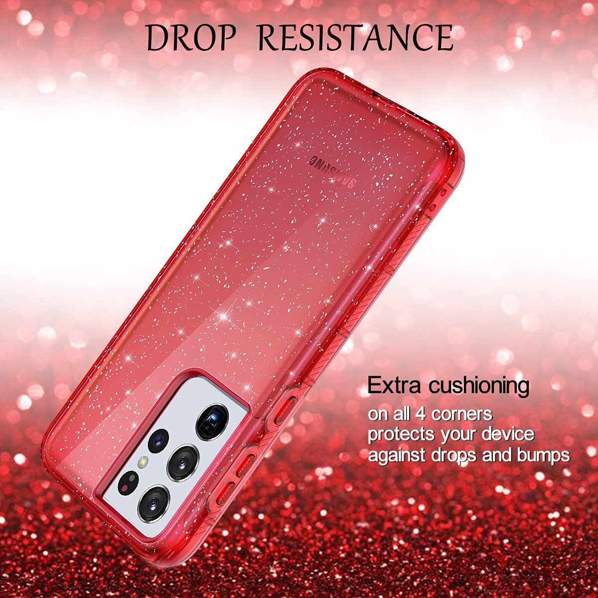 LONTECT for Galaxy S21 Ultra 5G Case Glitter Red Clear Sparkly Bling Rugged Shockproof Hybrid Full Body Protective Case Cover [Without Screen Protector] for Samsung Galaxy S21 Ultra 5G 6.8 2021