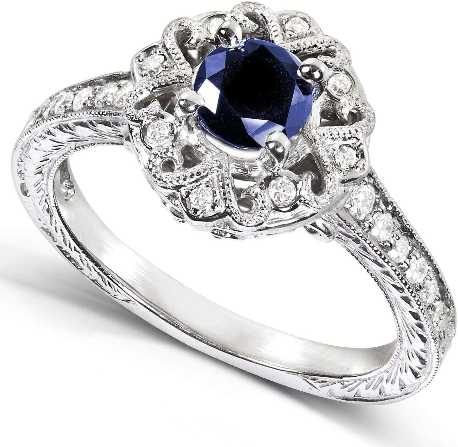 Kobelli Antique Style Round-cut Sapphire and Diamond Engagement Ring 3/4 Carat (ctw) in 14k White Gold