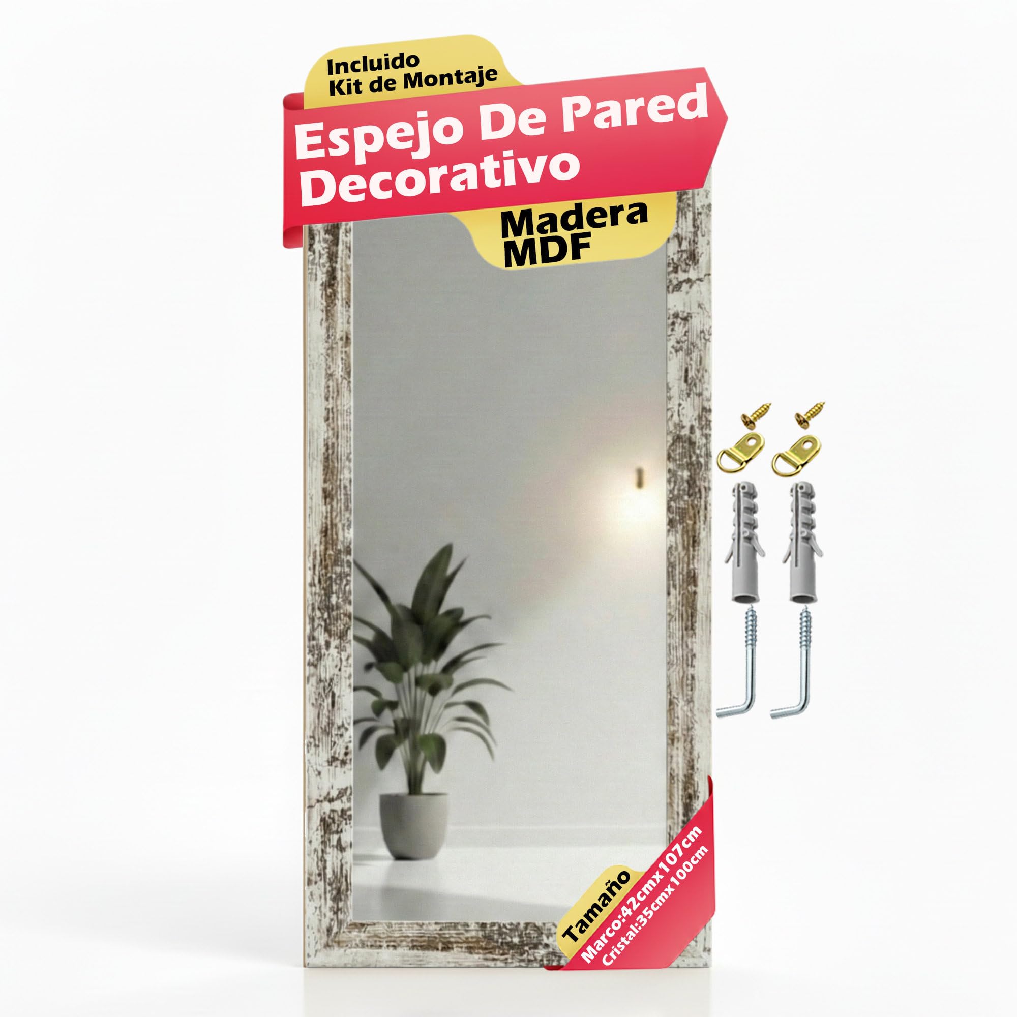 CHELY INTERMARKET MOD128 Espejo Pared Vertical Decorativo Grande Estilo Moderno Marco Madera Cuerpo Entero Elegante 35x100 cm Vintage Ideal Recibidor Dormitorio Baño Incluye Kit Montaje