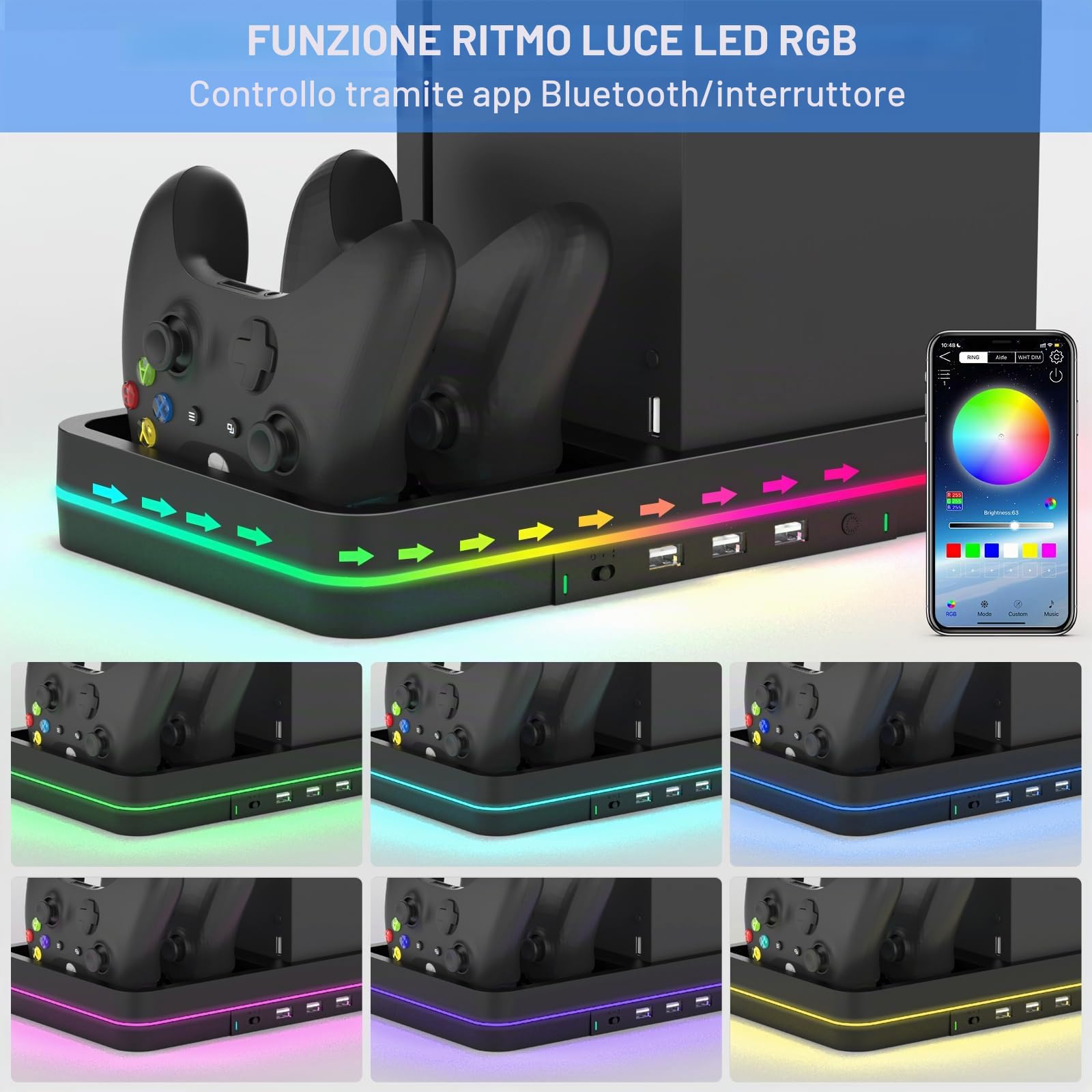 Doppia ventola di raffreddamento e supporto di raffreddamento per console/controller Xbox Series X/S, stazione di ricarica doppio controller Xbox con luce LED RGB e 3 porte USB, accessori Xbox Series