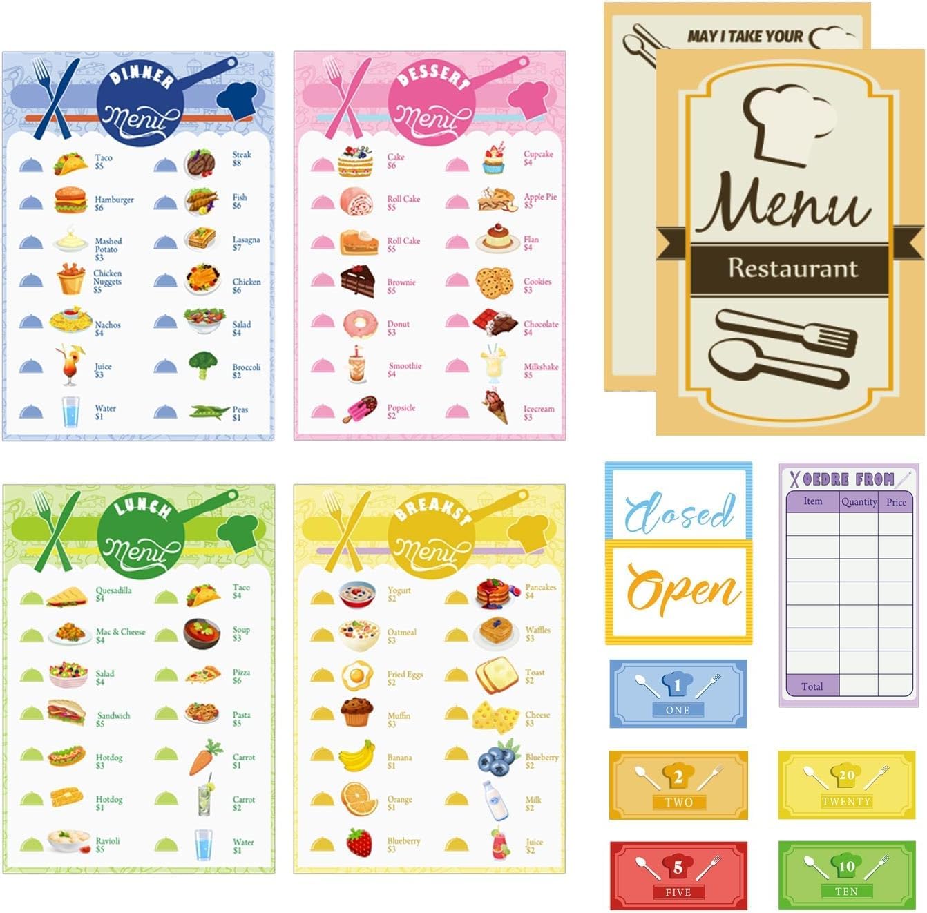 36 Pcs Pretend Restaurant Menu Set With Money For Role Play