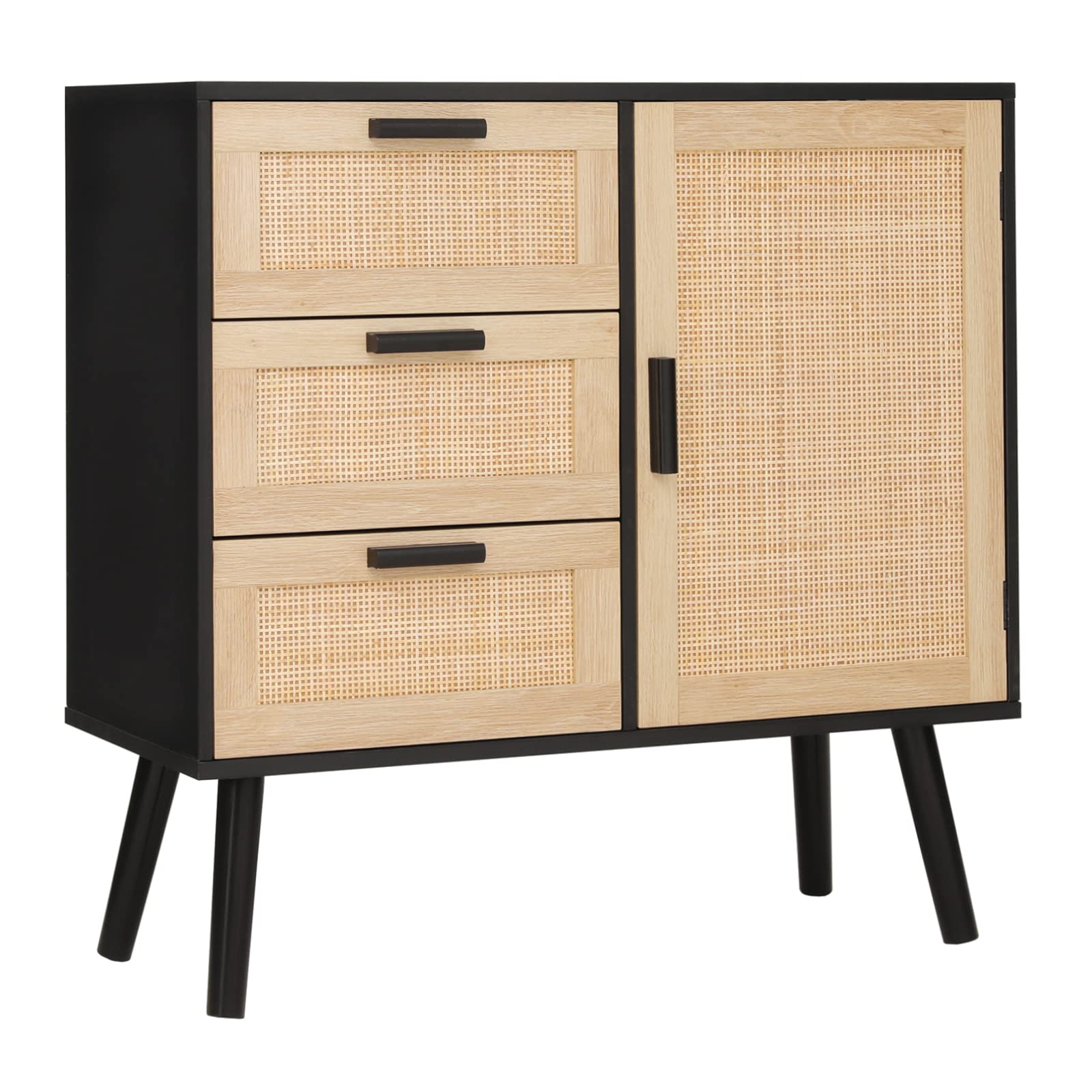 Iwell Storage Cabinet with Rattan Door & 3 Drawers, Sideboard Buffet Cabinet with Adjustable Shelf, Floor Cabinet for Living Room, Bedroom, Home Office, Black