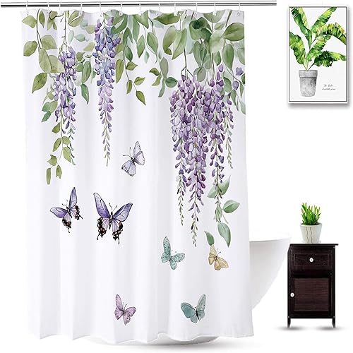 Miniatura 8 de Cortina de ducha, tela impermeable para baño, cortinas decorativas para baño, hotel (cortina, mariposas florales moradas)