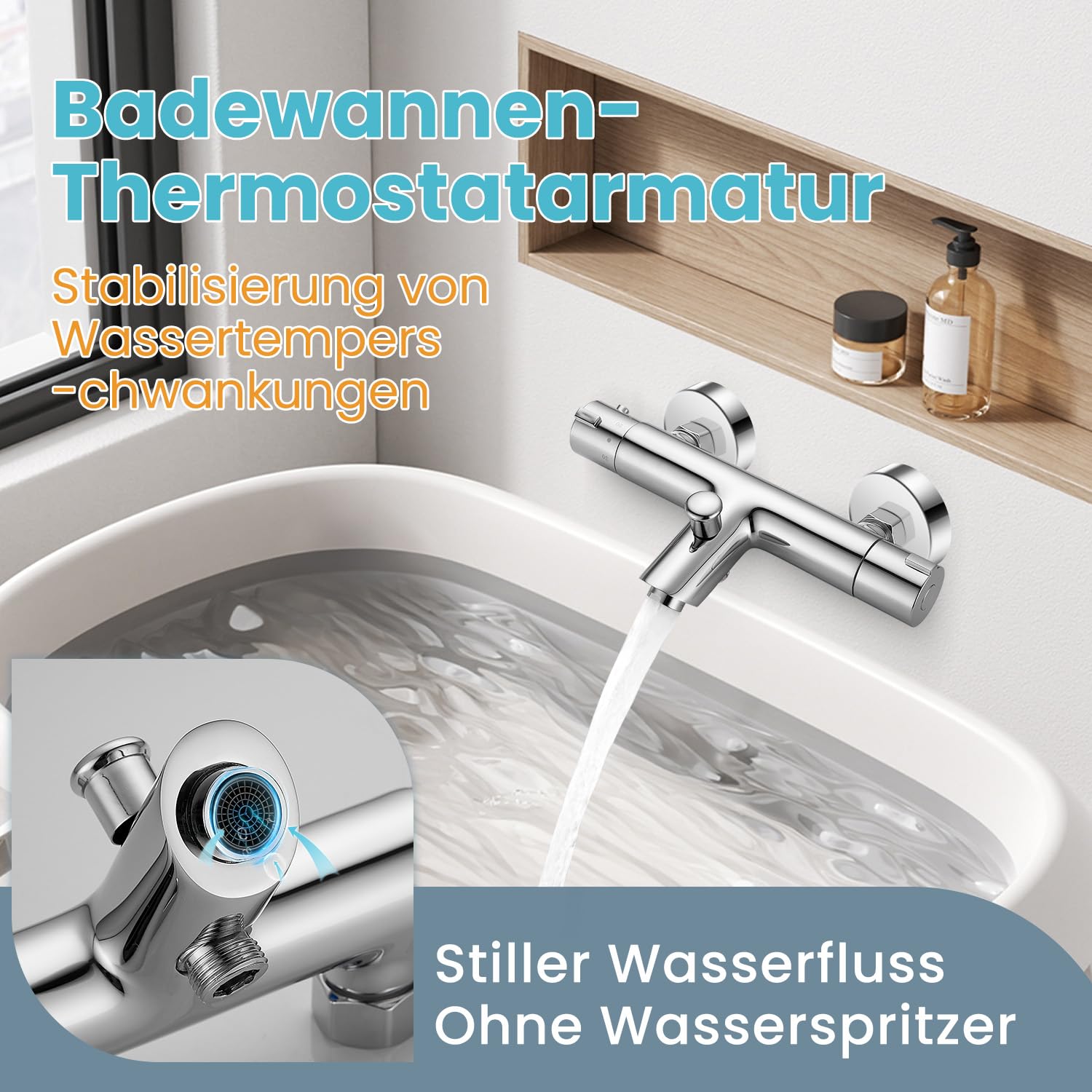 Bateria wannowa z termostatem, 2 wyloty, armatura prysznicowa do prysznica i wanny, termostat, bateria mieszakowa, prysznic z blokadą bezpieczeństwa 38°C, montaż ścienny, chrom