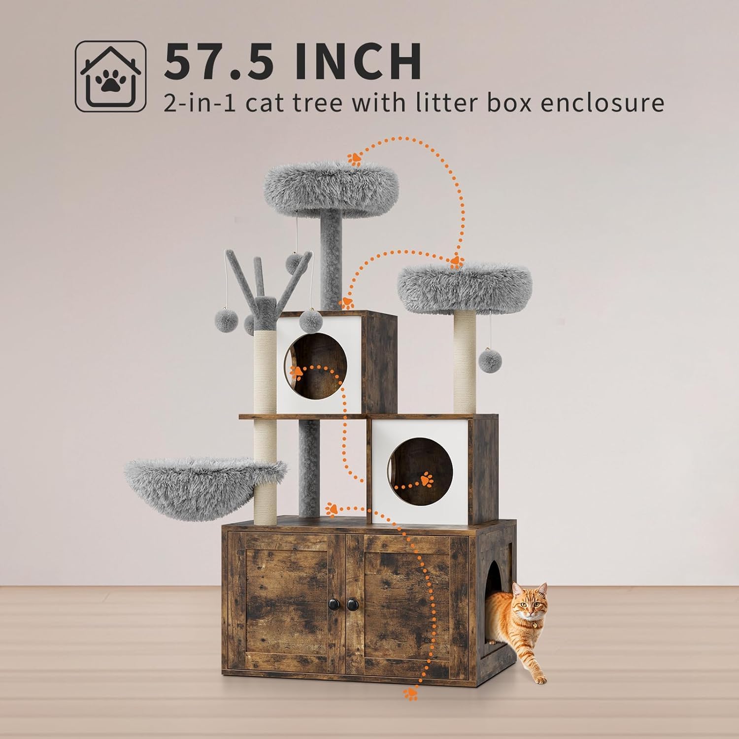 Katzentoilette mit Turm für Katzen, versteckte Toilette für Katzen, mit Sisal-Kratzbaum und Plüschstange, Holzmöbel für Katzen mit mehreren Plattformen, Braun (Braun + Weiß)