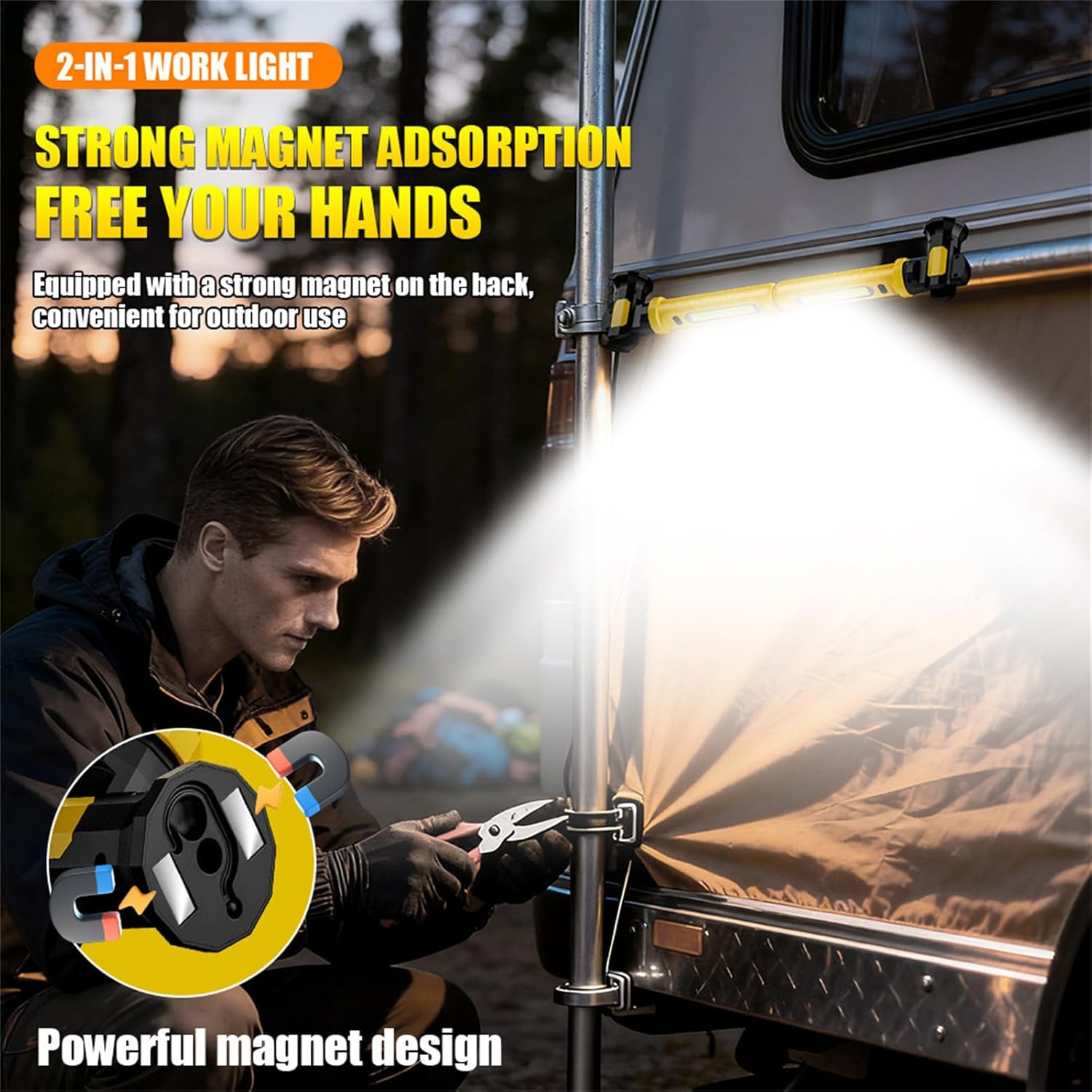 Magnetic Work Light for Mechanic, 2000LM LED, 4000mAh Rechargeable, Magnetic, Underhood Work Light with Hooks for Car Repairing, Garage, Workshop, Emergency Yellow