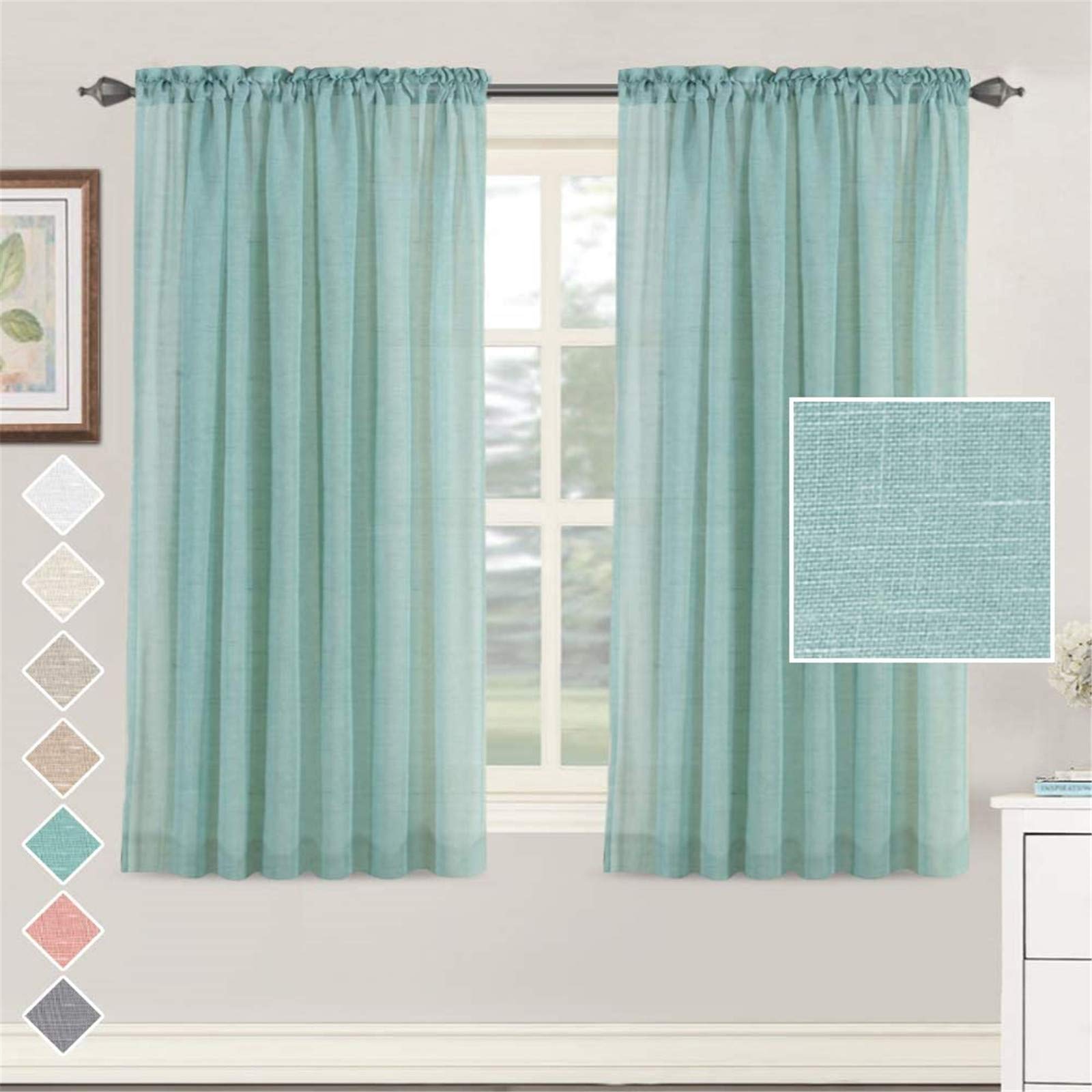 NOPEXTOLinen Curtains Linen Blend Curtains Semi Sheer Curtain Panels,for Living Room Rod Pocket Bedroom Light Filtering Draperies (132×160cm,Sea Fog Green)