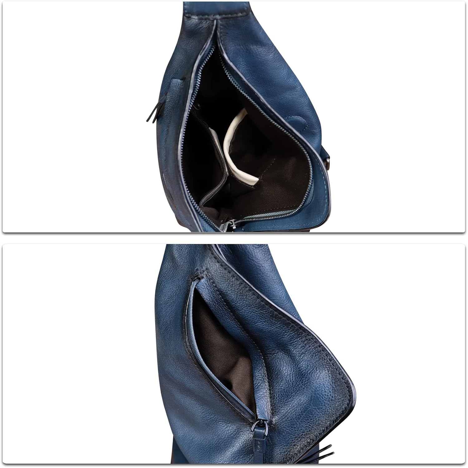 Genuine Leather Sling Bag for Men and Women Vintage Full Grain Leather Sling Purse Chest Daypack Over Shoulder Crossbody Bag (Navy) - Image 7