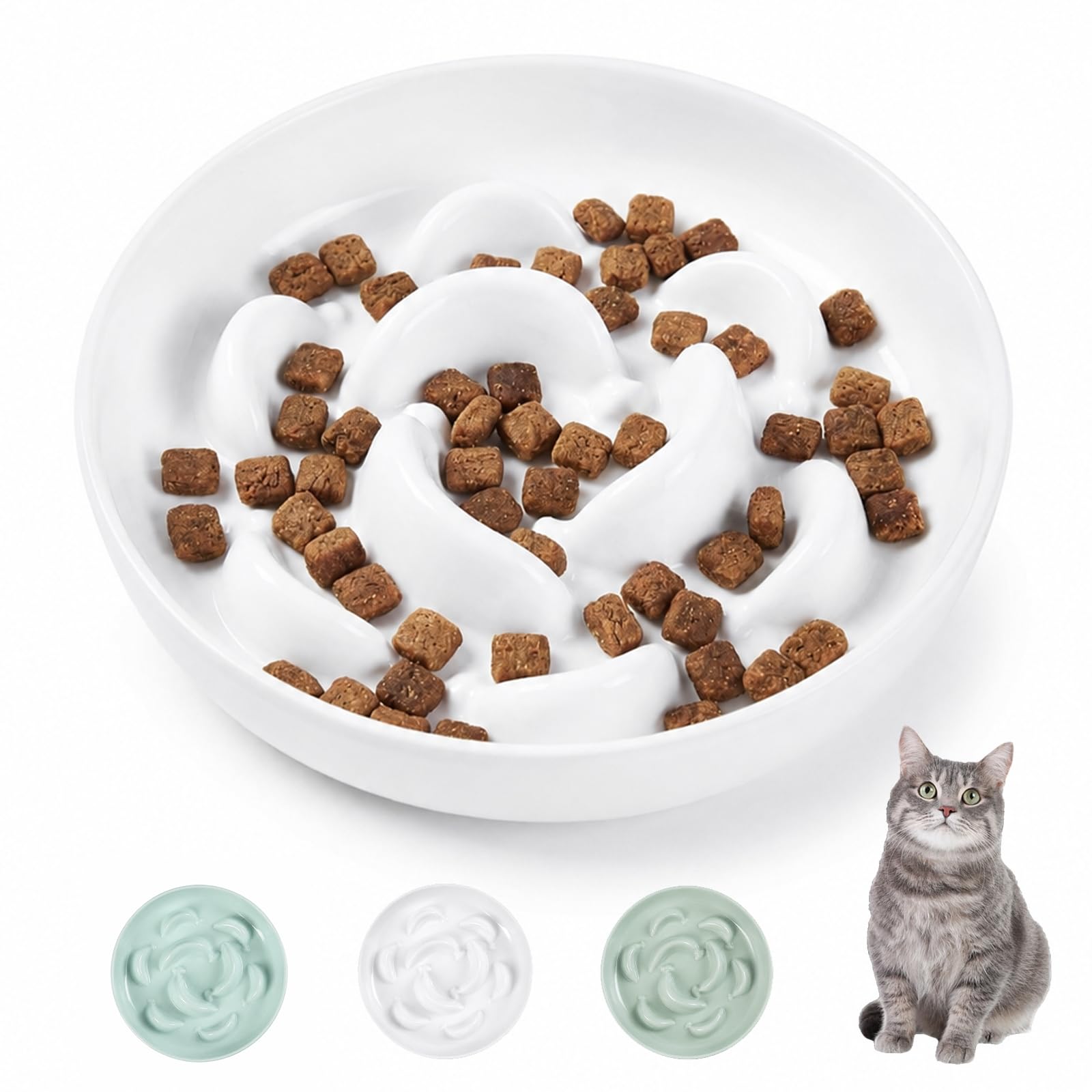 Comedero Antivoracidad para Gatos de Melamina - Plato de Comida con Laberinto para Alimentación Lenta - Cuenco Antivómitos de Serie Pastel - Blanca Marfil - 16 x 3 cm