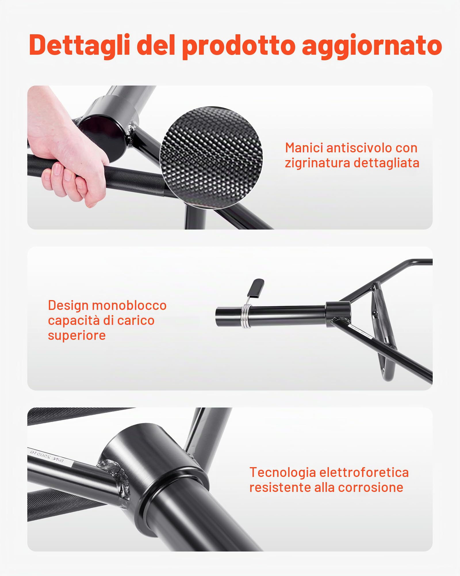VEVOR Barra per Manubrio Esagonale con Impugnatura Antiscivolo per Allenamento 50 mm Capacità di Carico 360 kg, Attrezzatura per Sollevamento Pesi Allenamento della Forza, da Palestra per Squat