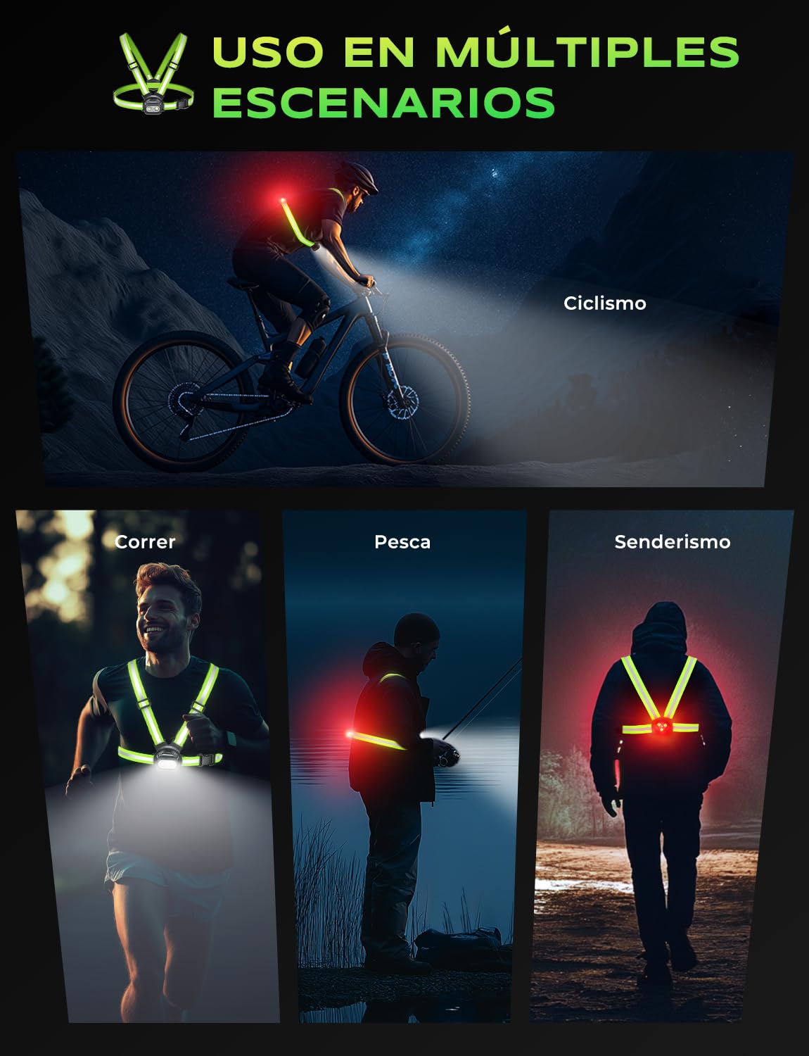 Luz Running con Luz Trasera, 500LM Luz para Correr de Noche con 360° Reflectante Correas Dobles, 7+2 Modos & 45° Ajustable, Chaleco Reflectante Impermeable IPX4, Reemplazo de Linterna Cabeza