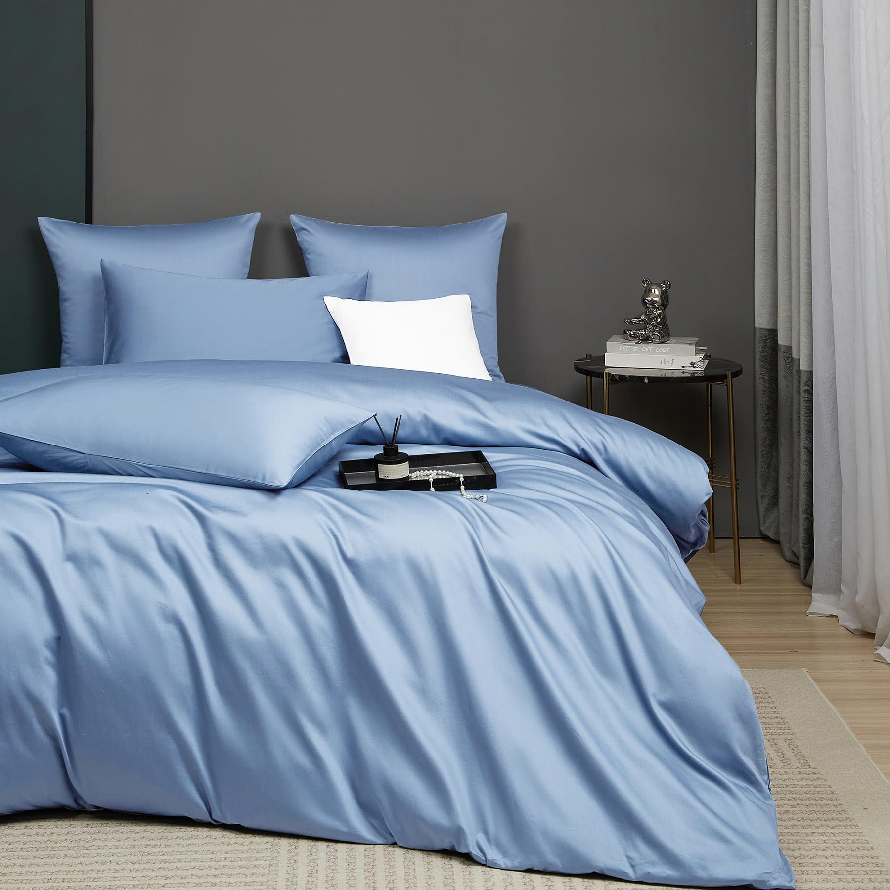 Luofanfei Kühlend Mako Satin Bettwäsche 135x200 4teilig Blau Hellblau Baumwolle Sommer Glatt Muster Atmungsaktiv Bettwäscheset Weich und Bügelfrei Uni Bettbezug und Kissenbezüge 80x80 cm