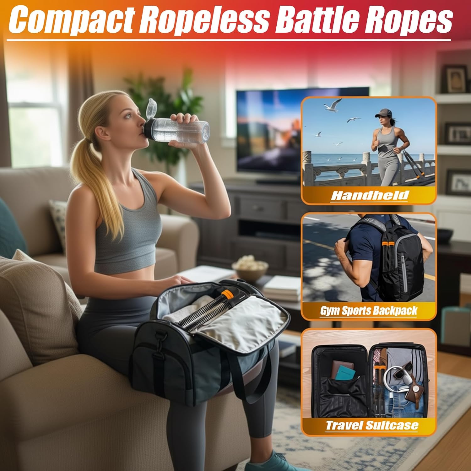 Adjustable Weighted Ropeless Battle Ropes with Spring Shock Absorption – Cordless Portable Training Rope for Home Gym, HIIT, Full-Body & Low-Impact Workouts, Non-Slip Grip, Includes Storage Bag, for Men & Women