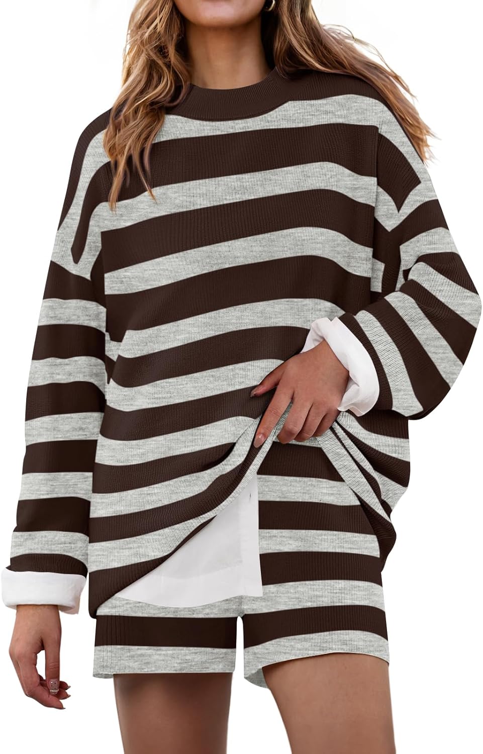 ZESICA Striped Lounge Sets for Women Fall 2026 2 Piece Oversized Outfits Long Sleeve Tops and Shorts Sweater Pajama Set