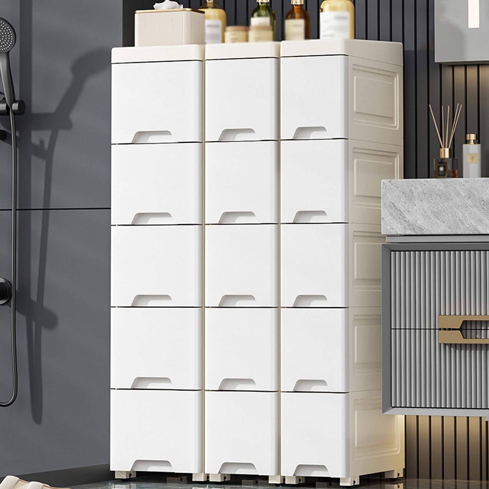 Armadietto da bagno sottile, alto e stretto, 30 x 14 x 65,5 cm, bianco, salvaspazio con ruote, cassetti multipiano, puleggia silenziosa per piccoli spazi, ideale per nizing
