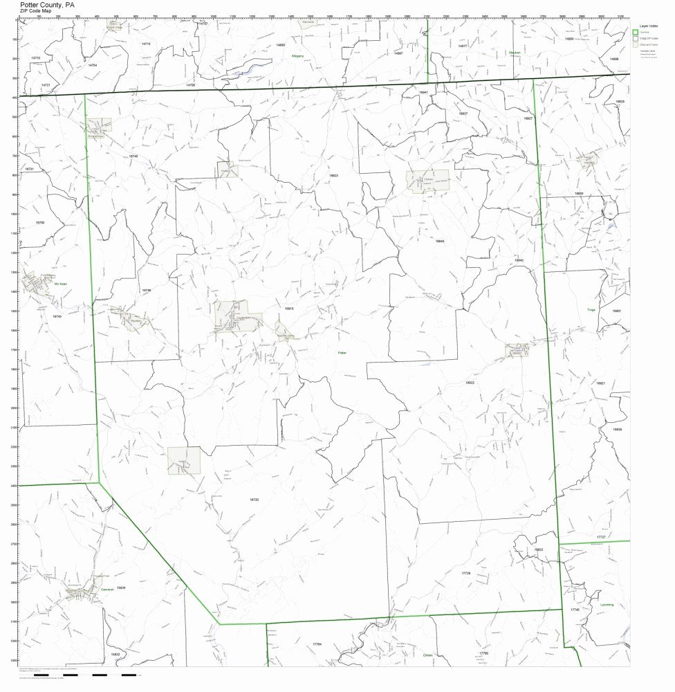 Potter County, Pennsylvania PA ZIP Code Map Not Laminated