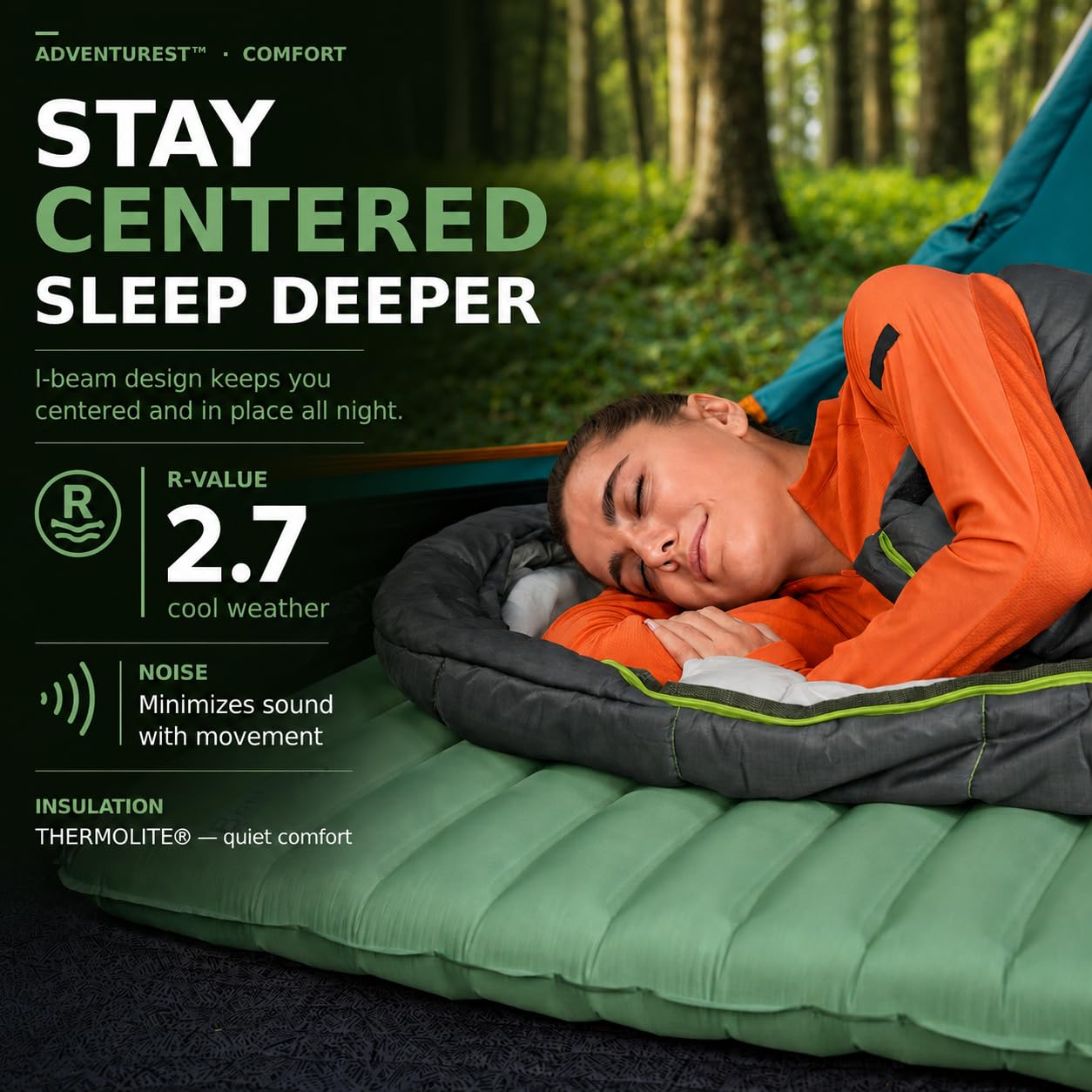 Bestway Matelas Gonflable isolé rectangulaire Taille Regular AdventuRest - 188 cm x 58,5 cm x 7,5 cm - Vert