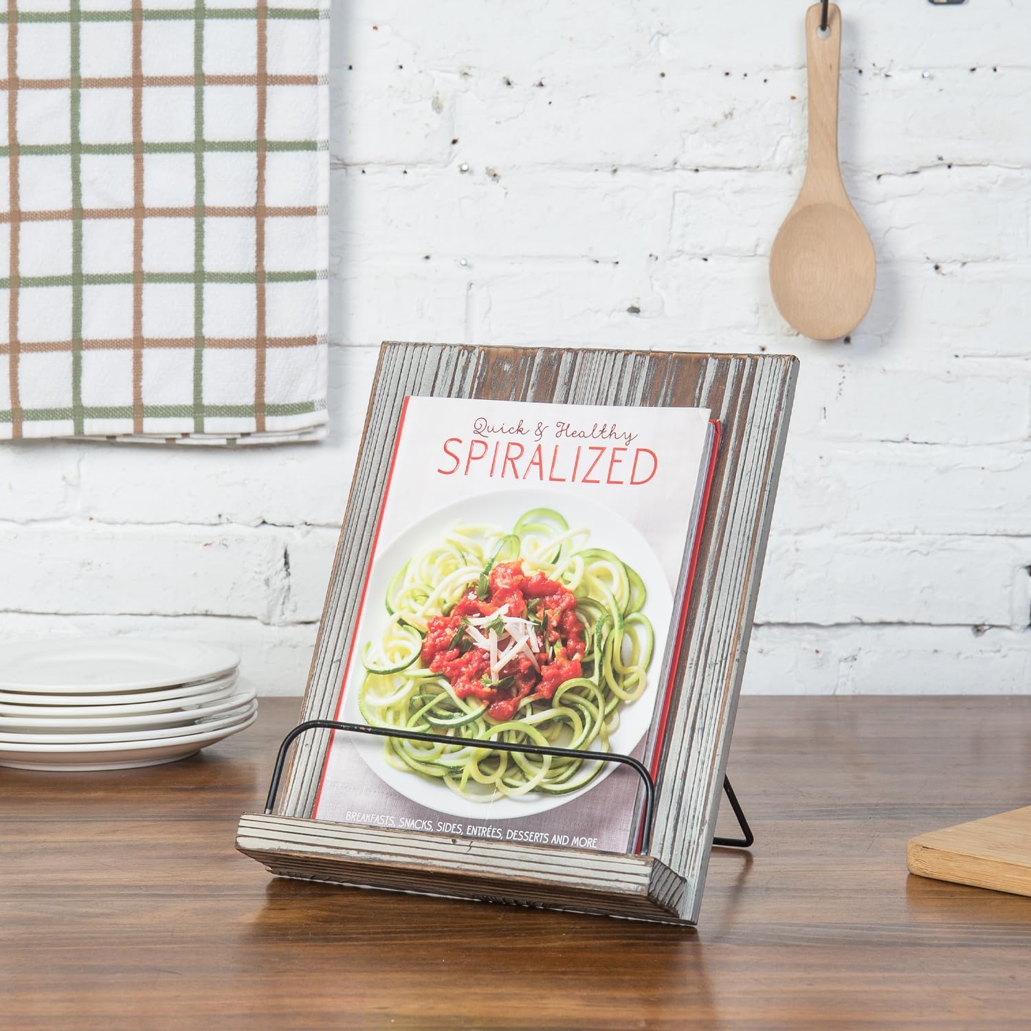 MyGift Rustic Torched Wood and Matte Black Metal Wire Kitchen Countertop Cookbook Stand, Rectangular Wooden Cooking Recipe Book or Tablet Holder with Foldable Kickstand