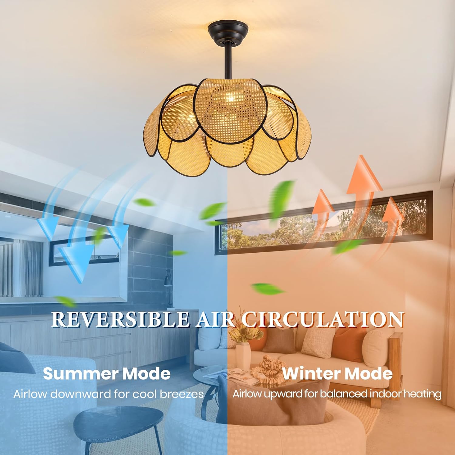 Rattan Fandelier Ceiling Fans with Lights,Boho Black Chandelier Ceiling Fan with Light Remote,Flush Mount Chandelier Ceiling Fan with 6 Speeds Fandelier for Bedroom, Living Room,Kitchen,26inch