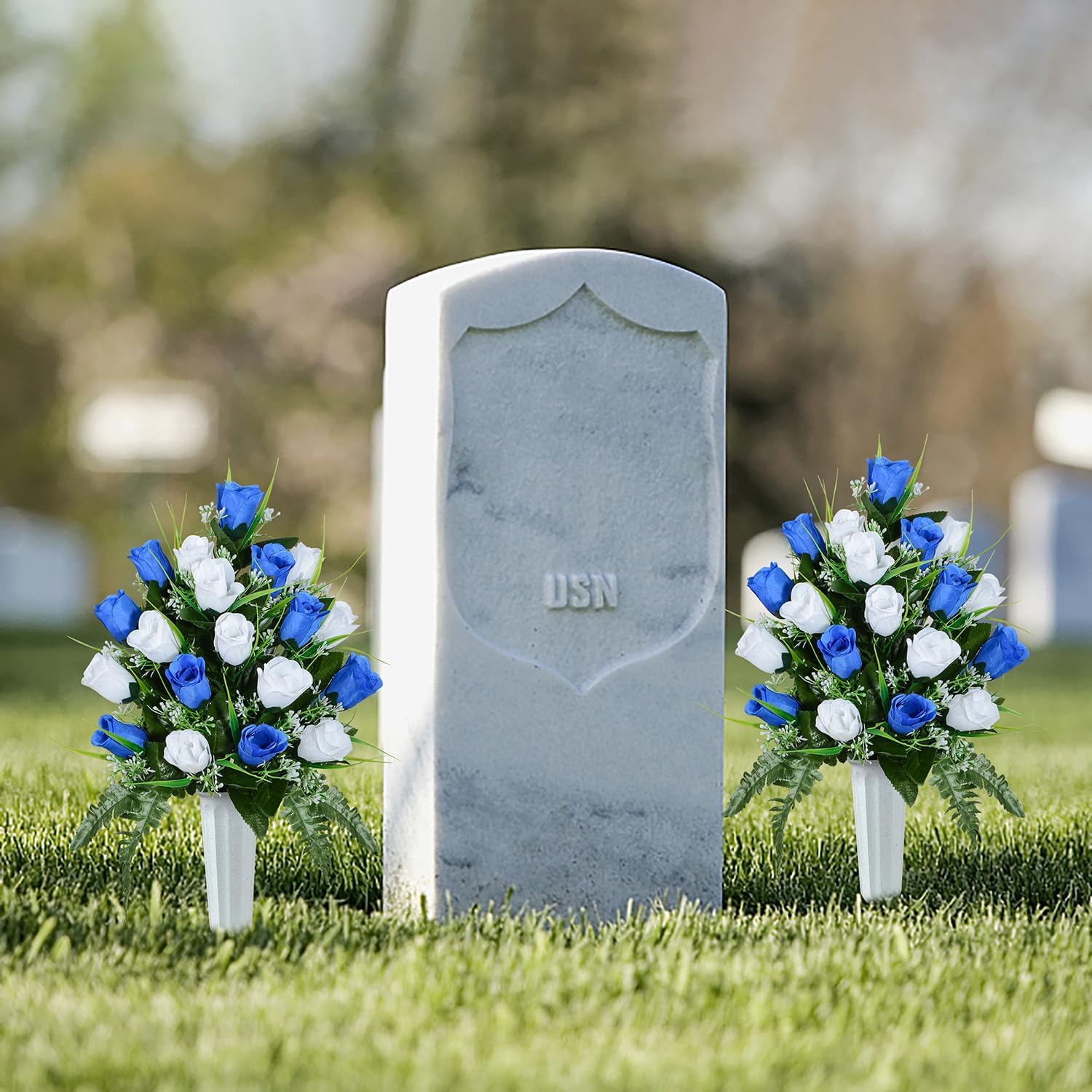 XONOR Artificial Cemetery Flowers, Grave Decorations Roses, Memorial Flowers Bouquet with Cemetery Vase, 2 Sets (White & Blue)