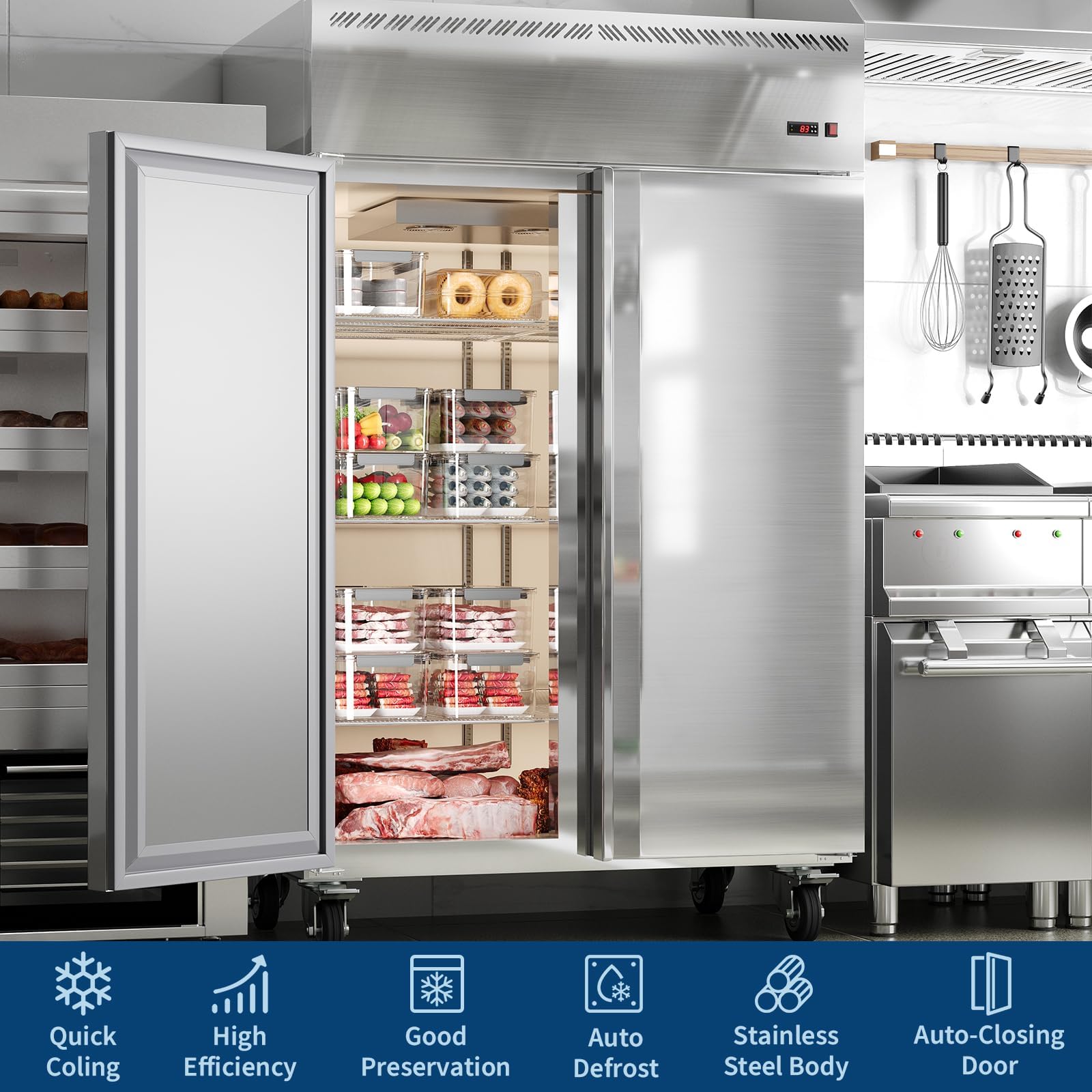 48" Commercial Refrigerator Freezer Combo, 36 Cu.Ft Upright Freezer, Stainless Steel Beverage Cooler, 2-Door Commercial Refrigerator Freezer, Fan Cooling, Auto Defrost, 6 Shelves For Restaurant Shop on Fridge.com - View 4