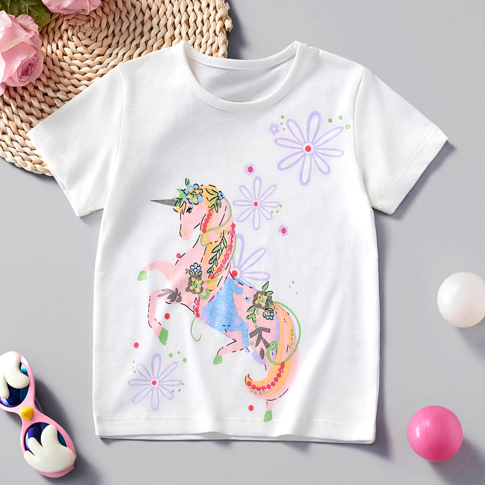 Camisetas de Manga Corta para Niñas T-Shirts Algodón de Unicornio Ropa de Verano para Niña 3-8 Años