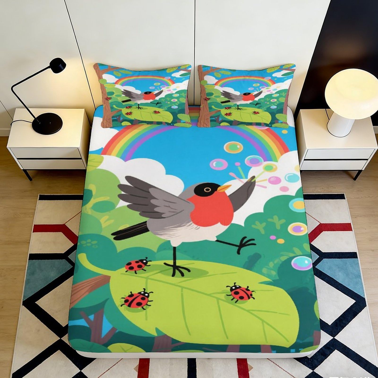 3D Printed Cartoon Robin Rainbow Fitted Sheet Microfiber Soft Colorful Ladybug Mattress Cover for Bedroom Dorm Decor 90x200x25cm