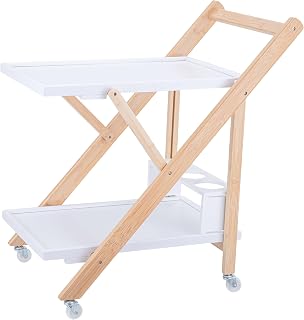 Relaxdays Servierwagen Bambus, Küchenwagen klappbar, Flaschenhalter, Rollwagen 2 Etagen, HBT: 70x44x39,5 cm, weiß-Natur