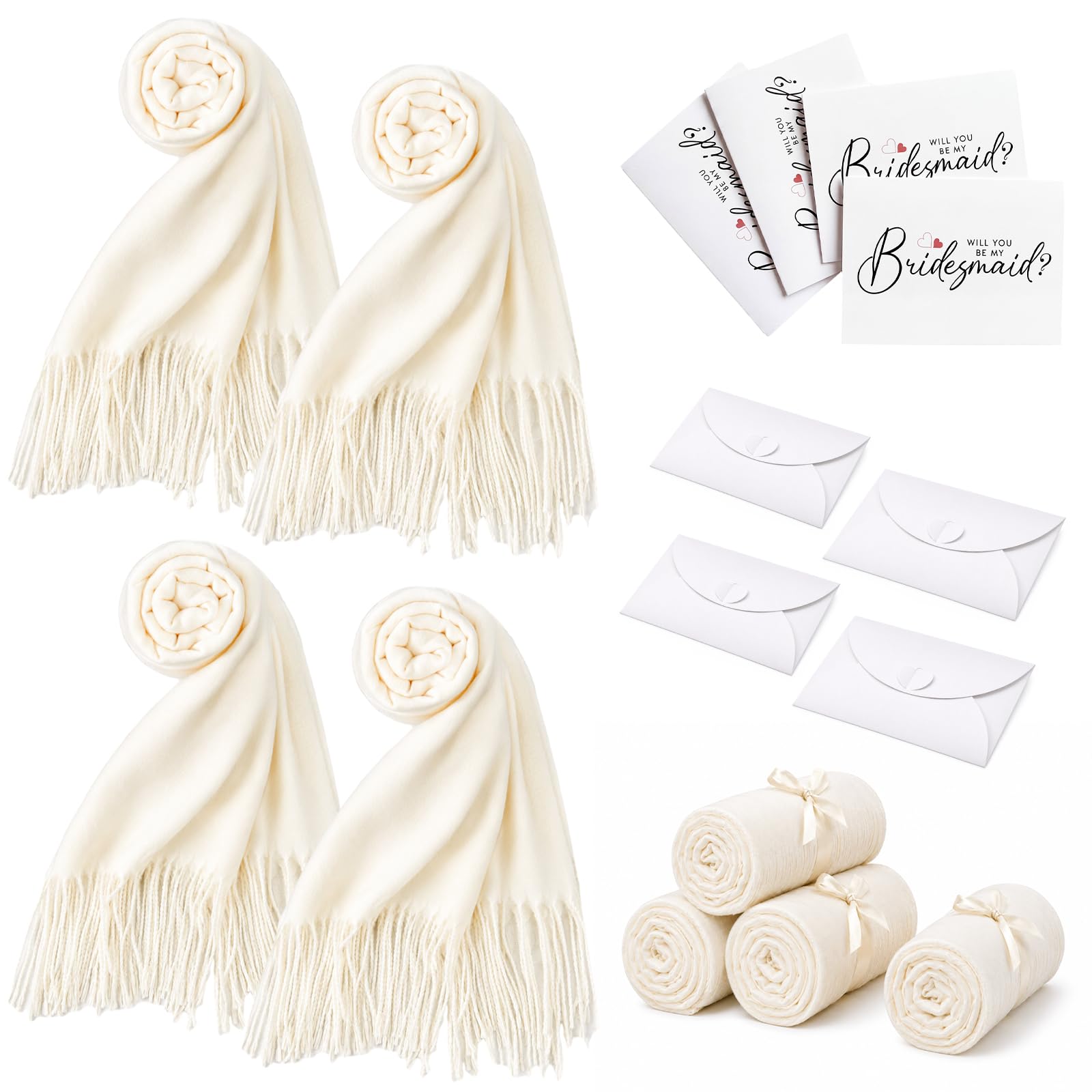 Hestya Châles en Pashmina Coffret Cadeau Mariage Comprend 4 Écharpes pour Demoiselles d'Honneur, 1 Ruban Cadeau, 4 Cartes pour Demoiselles d'Honneur et 4 Enveloppes. Pour Femmes et Invitées de Mariage