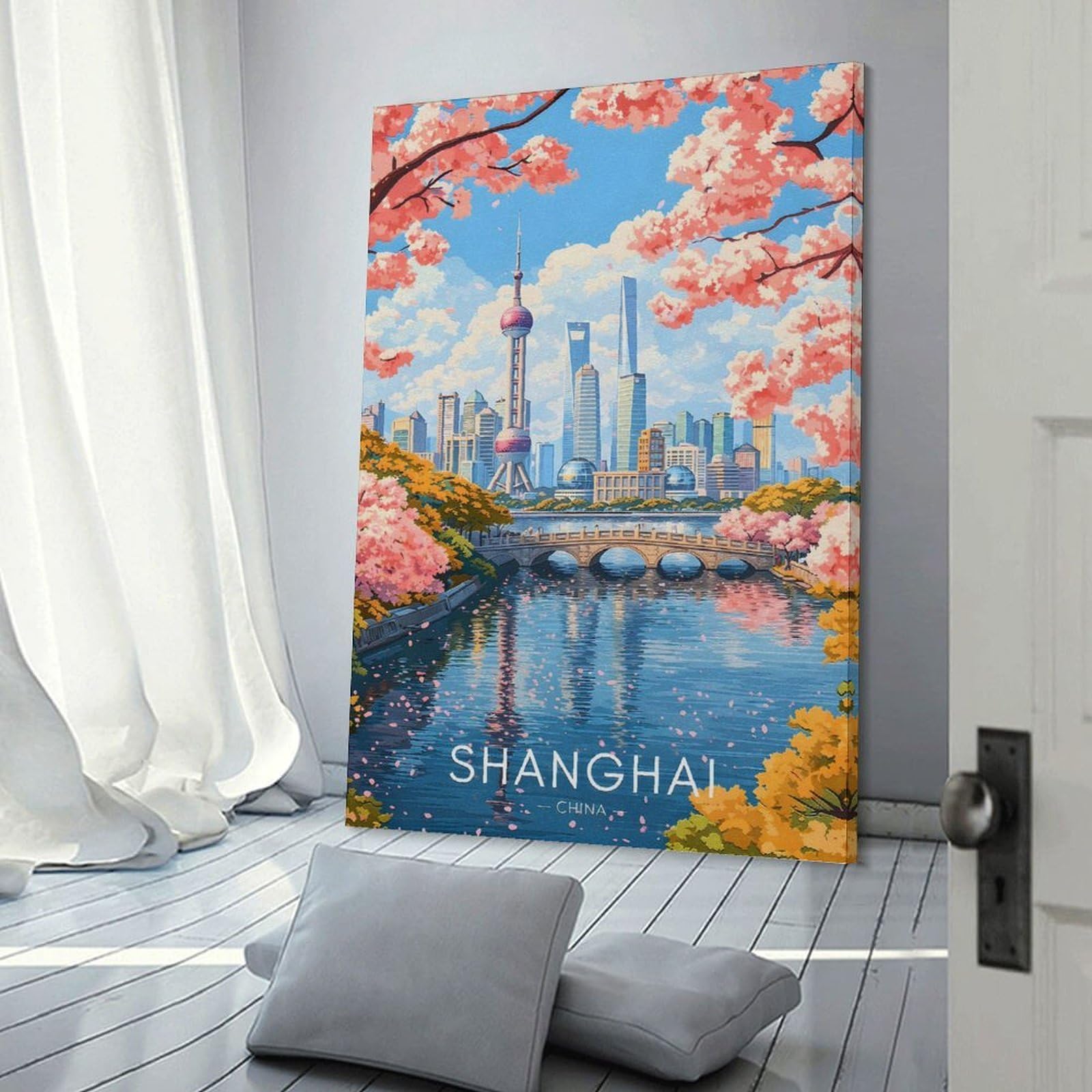 Junmoney Frame-Style-3-1 Shanghai Skyline With Cherry Blossoms Room Decor Wall Art, 24X36inch(60X90cm), For Living Room, Bedroom, Office Or Hallway, Decorative Artwork With Broad Appeal
