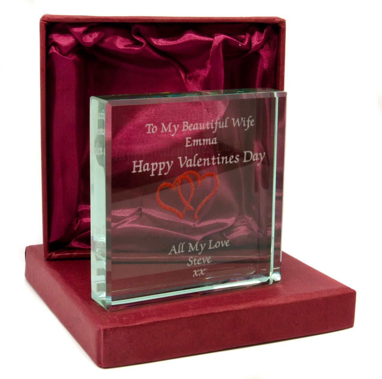County Engraving Personalised Clear Glass Blocks, Entwined Hearts, Laser Engraved Valentines Day Gift (8cm x 8cm)