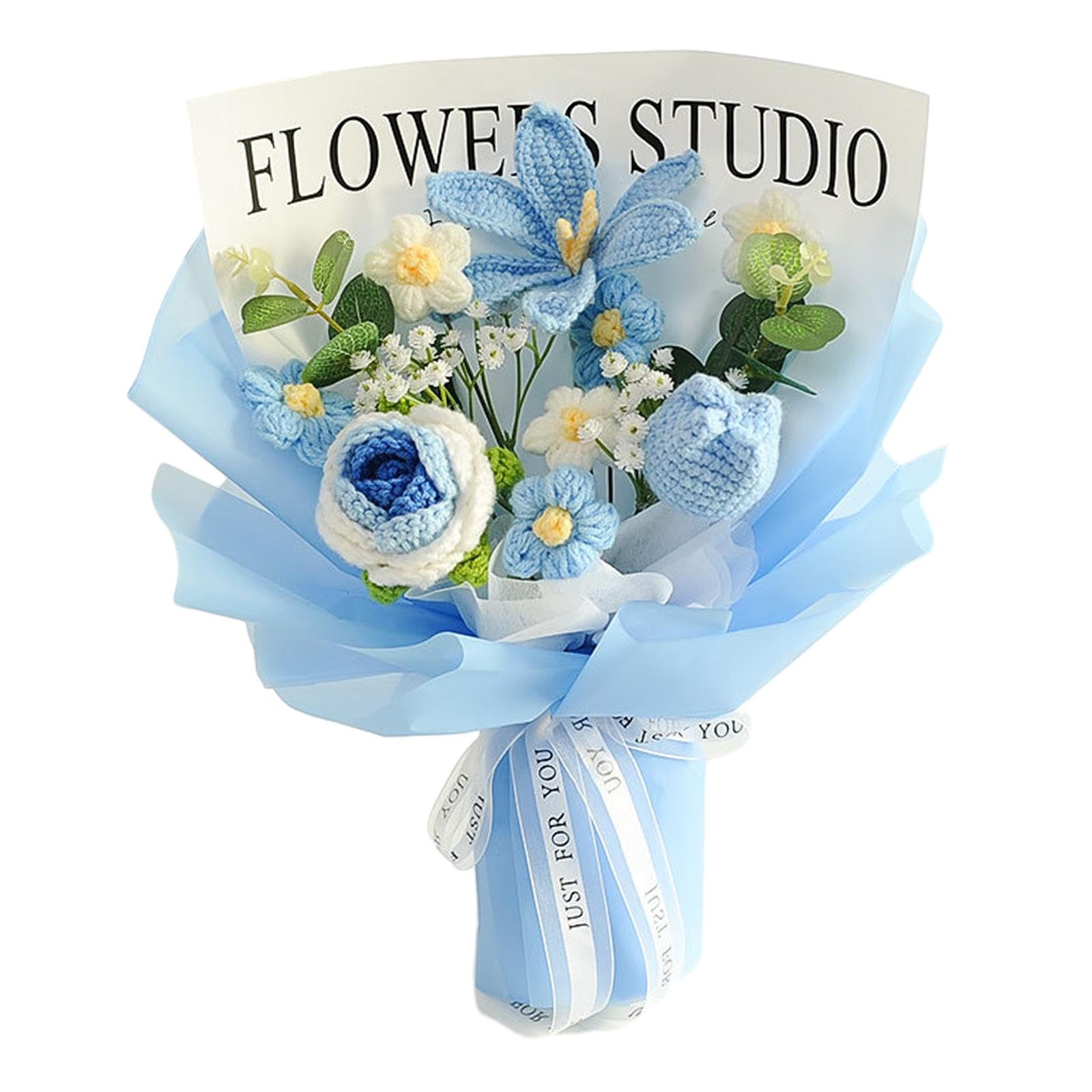 Harilla Completed Crochet Flowers Bouquet Artificial Flowers Knitted Rose Daisy Birthday Valentines DIY Home Decor Knitting Gift for Mother for Her,Blue B-35cmx35cm — image 1
