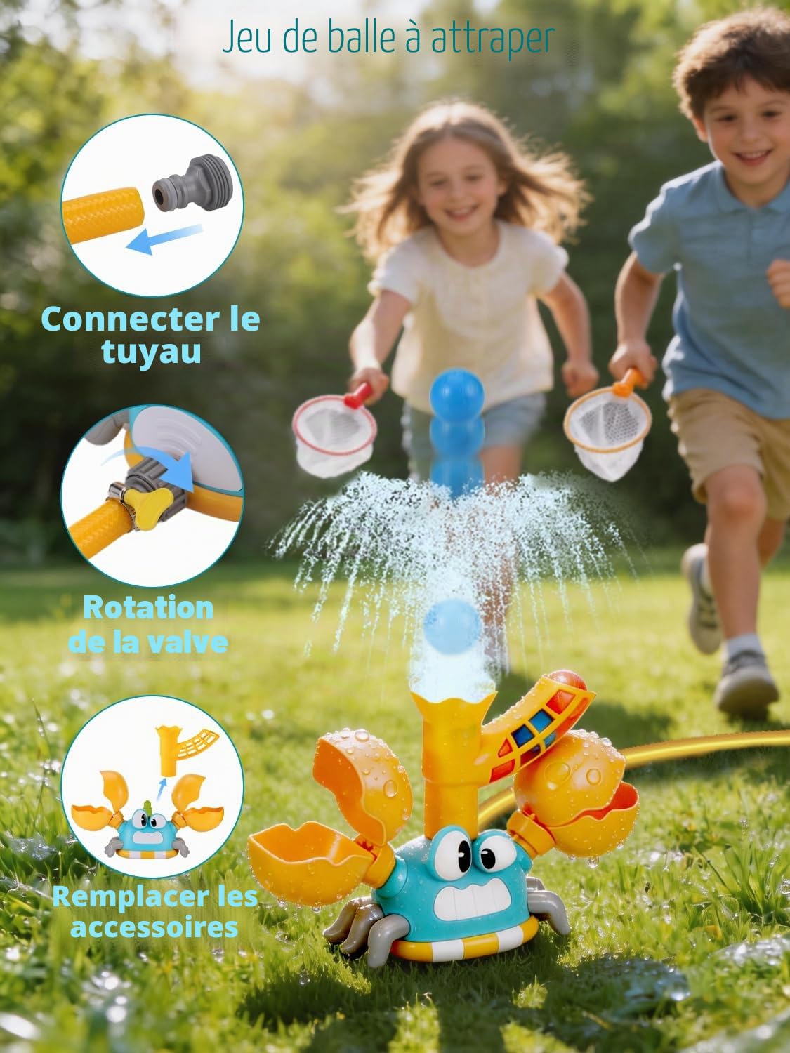3-en-1 Jeux Exterieur Enfant 3 4 5 6 7 8 9 Ans, Jouets d'Arrosage pour Jardin Forme de Crabe avec Jeu de Lancer et de Rattrapage, Cadeau Créatifs pour Garçons et Filles, Jouet d'Été pour Enfants