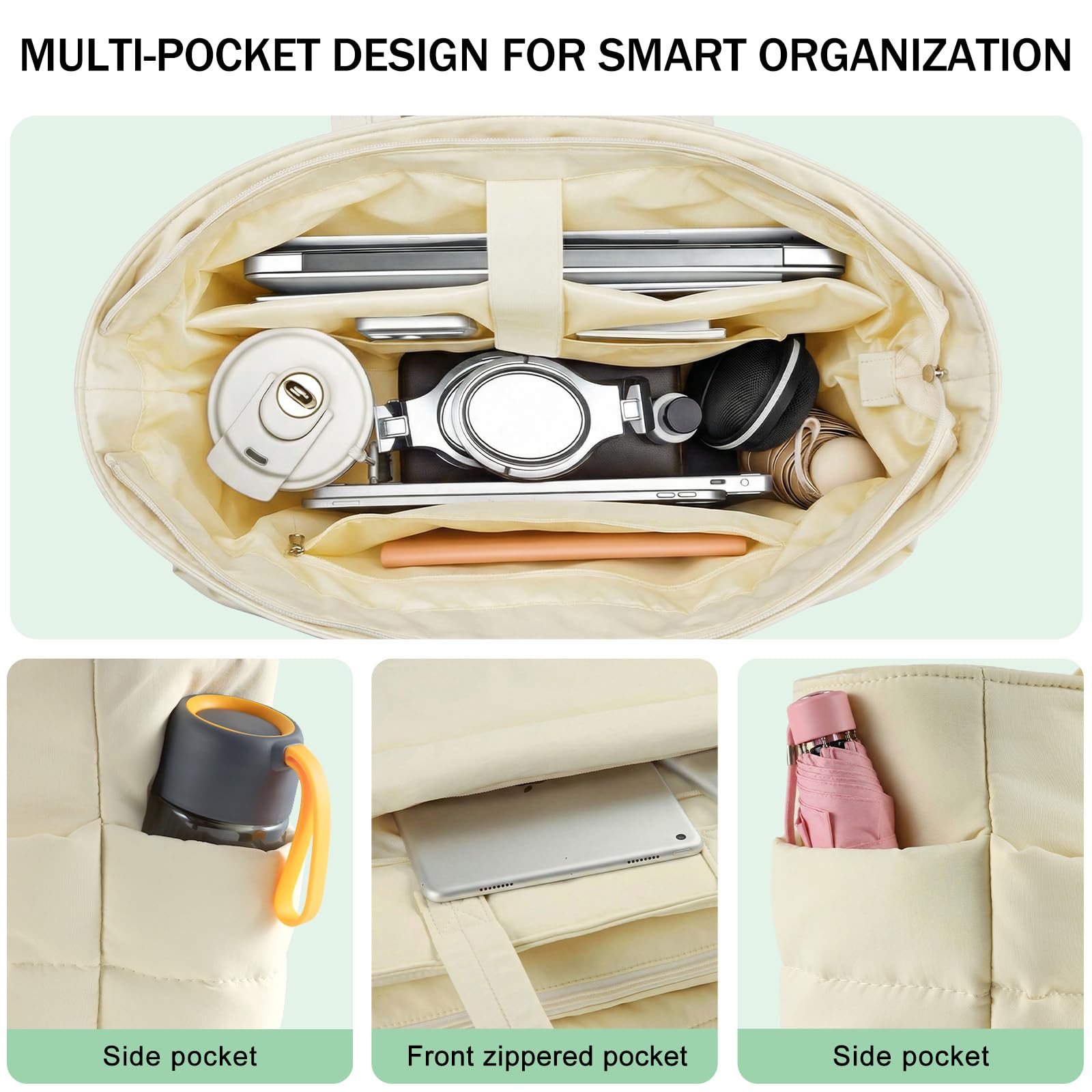 bagasin Borsa Tote a Mano da Donna, Borsa a Tracolla da Viaggio a Grande Capacità per Laptop da Lavoro, con Scomparto, Multi-Tasca, Leggera, per Lavoro, Viaggi, Fitness, Nero & Beige